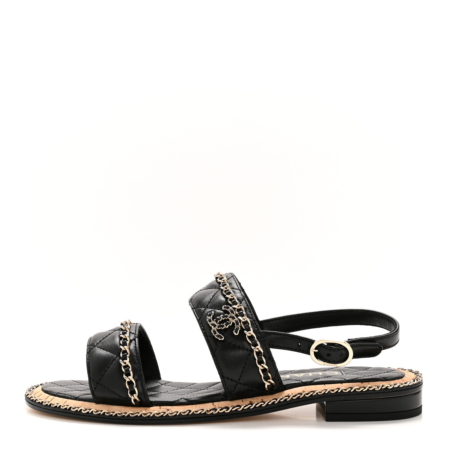 Shiny Lambskin Quilted Chain CC Sandals 36.5 Black