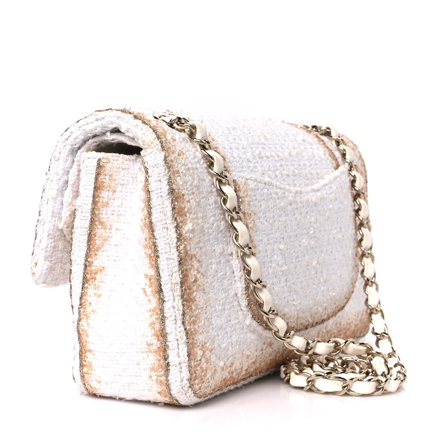 Metallic Tweed Medium Double Flap White Gold