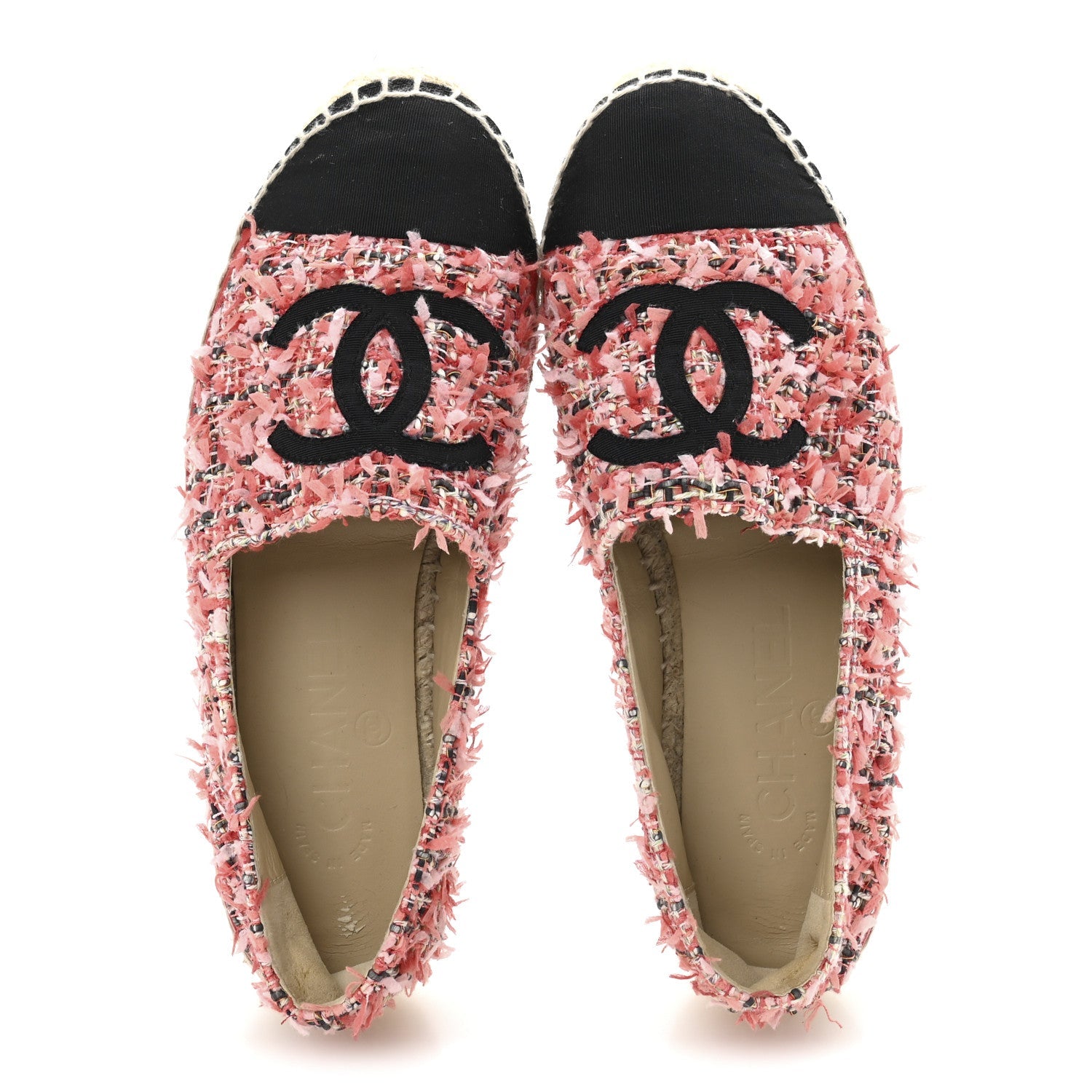 Tweed Grosgrain CC Espadrilles 36 Coral Red Pink Black
