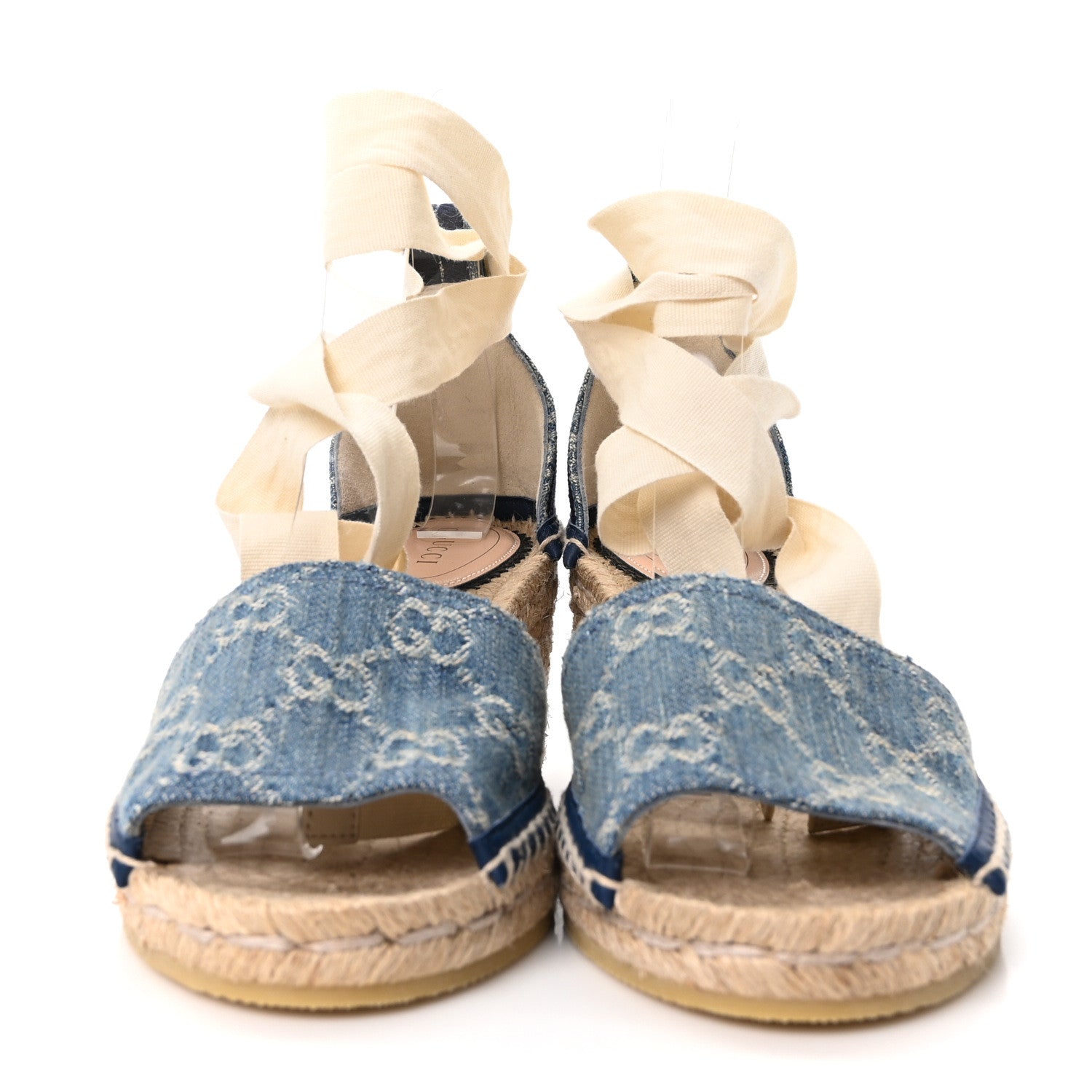 New Denim GG Monogram Pilar Ankle Wrap Espadrille Wedge Sandals 36.5 Light Blue