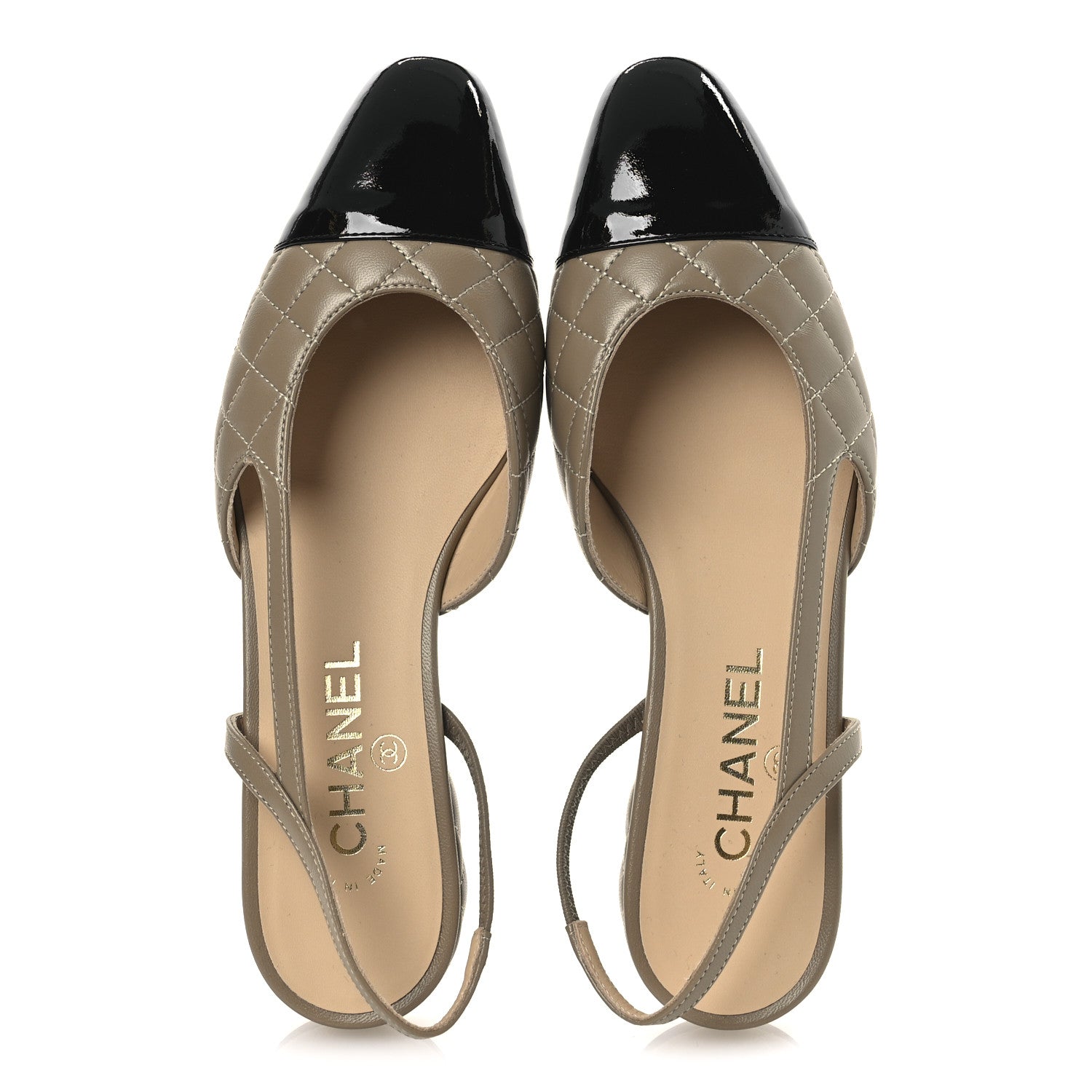 Lambskin Patent Cap Toe CC Slingback Flats 38 Beige Black