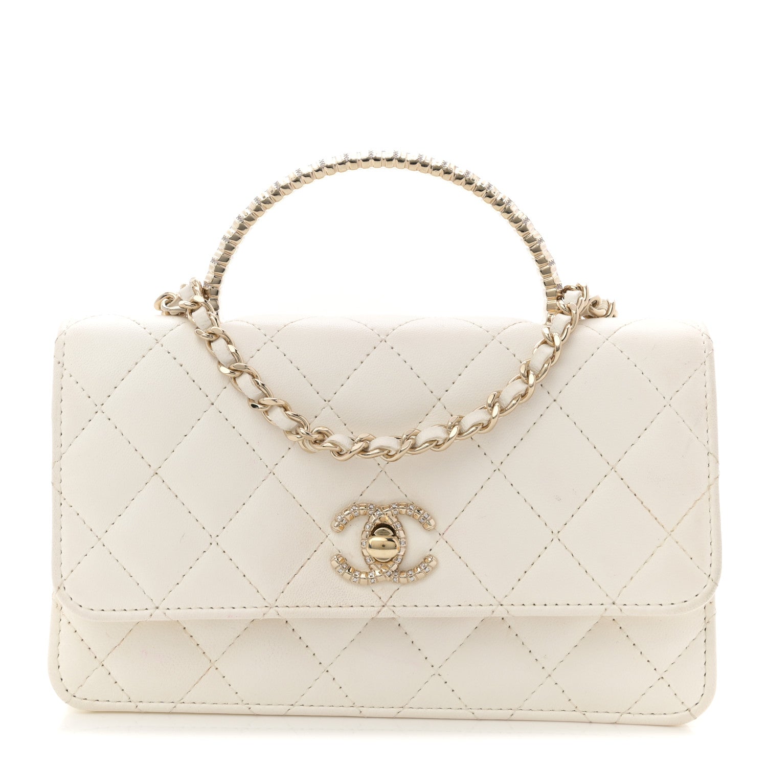 Lambskin Quilted Crystal Top Handle Rectangular Flap White