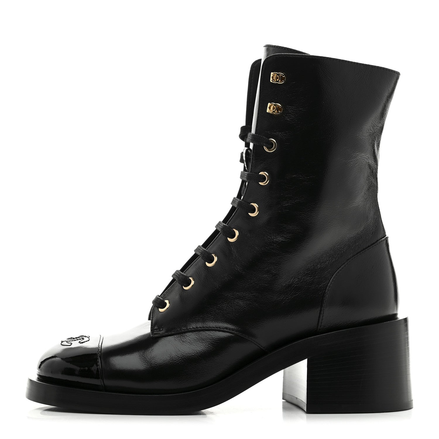 Shiny Calfskin Patent Cap Toe Lace Up Combat Boots 39 Black