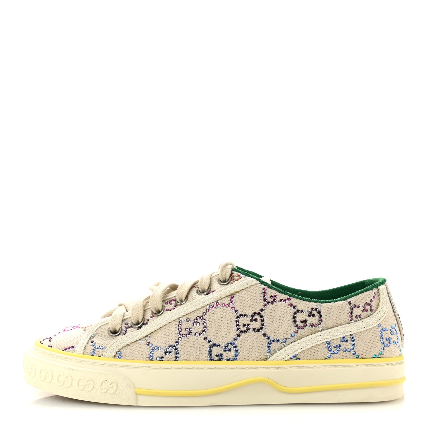 Canvas Lame Crystal GG Monogram Womens 1977 Tennis Sneakers 36 Gardenia Silver Mystic White