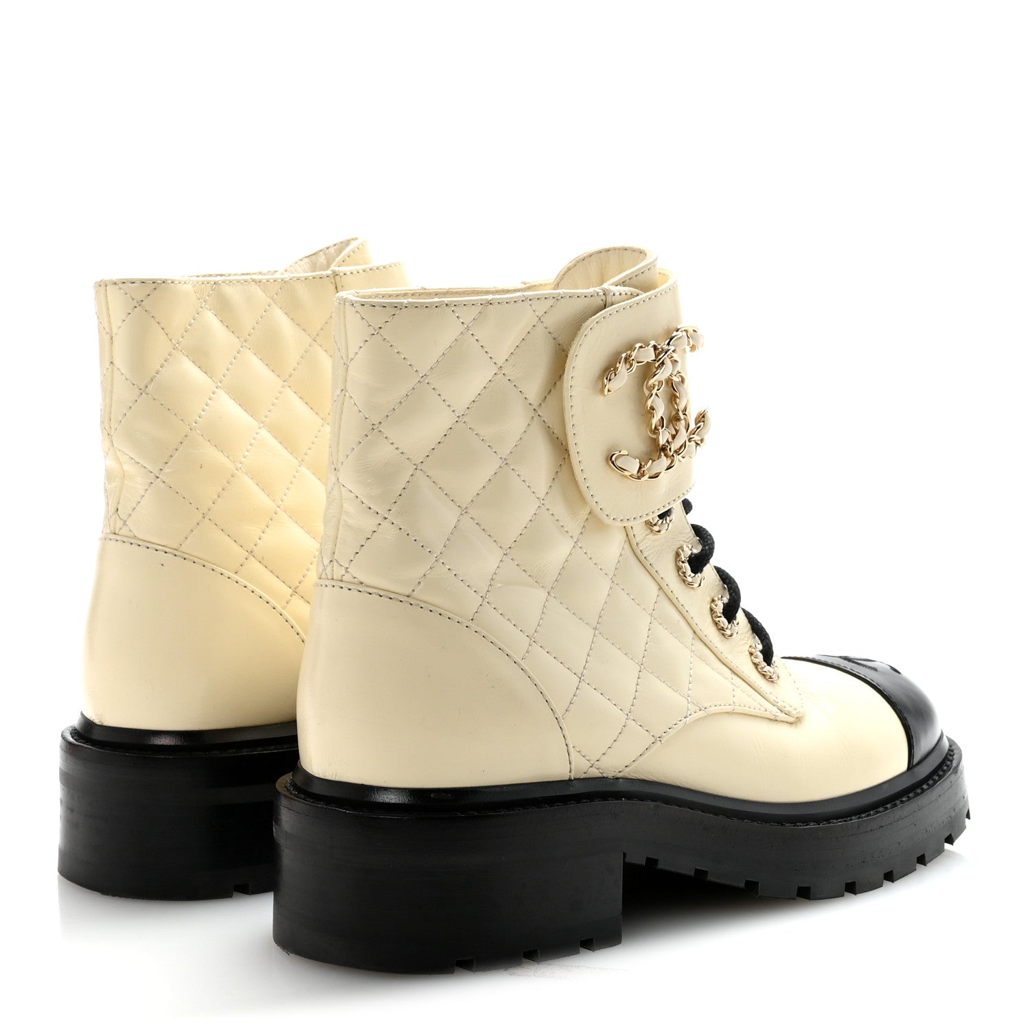 Shiny Goatskin Calfskin Quilted Lace Up Combat Boots 36 Ivory Black