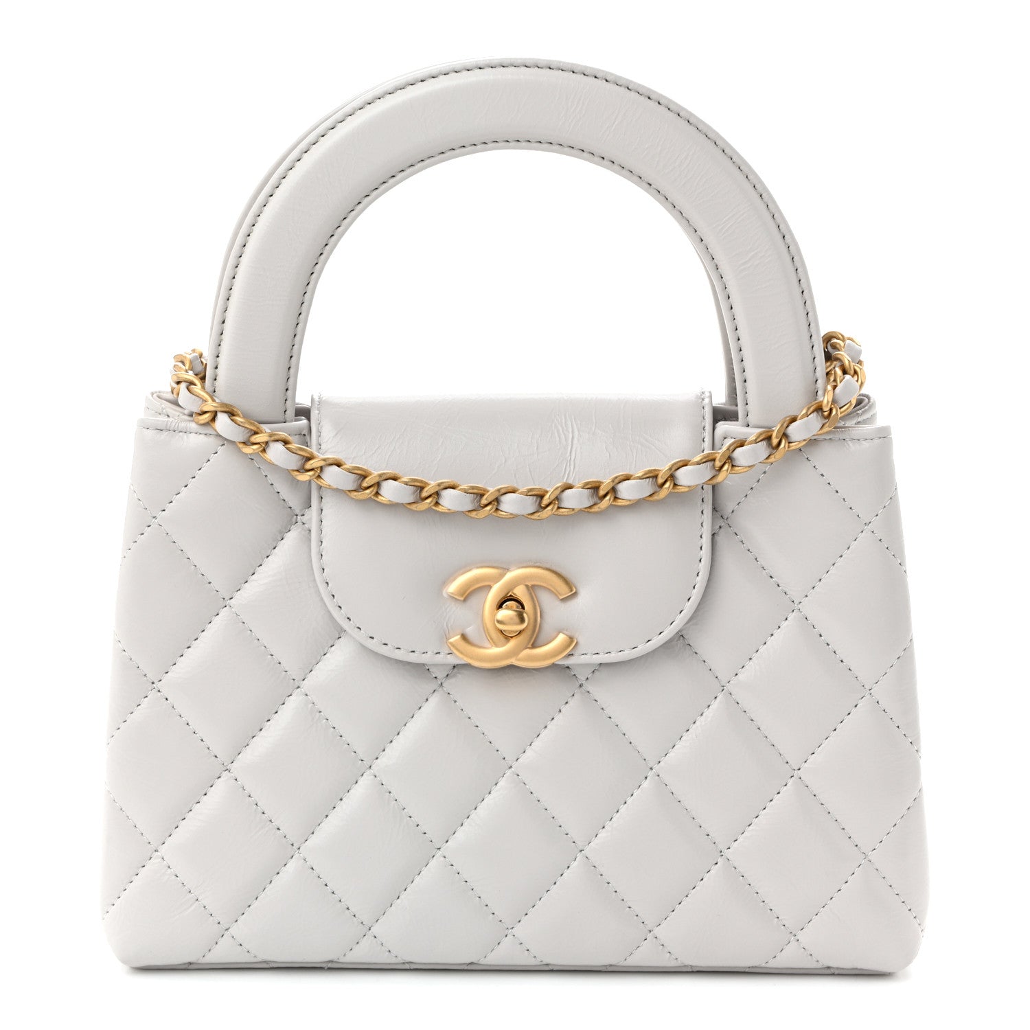 Shiny Aged Calfskin Quilted Nano Kelly Shopper Light Grey
