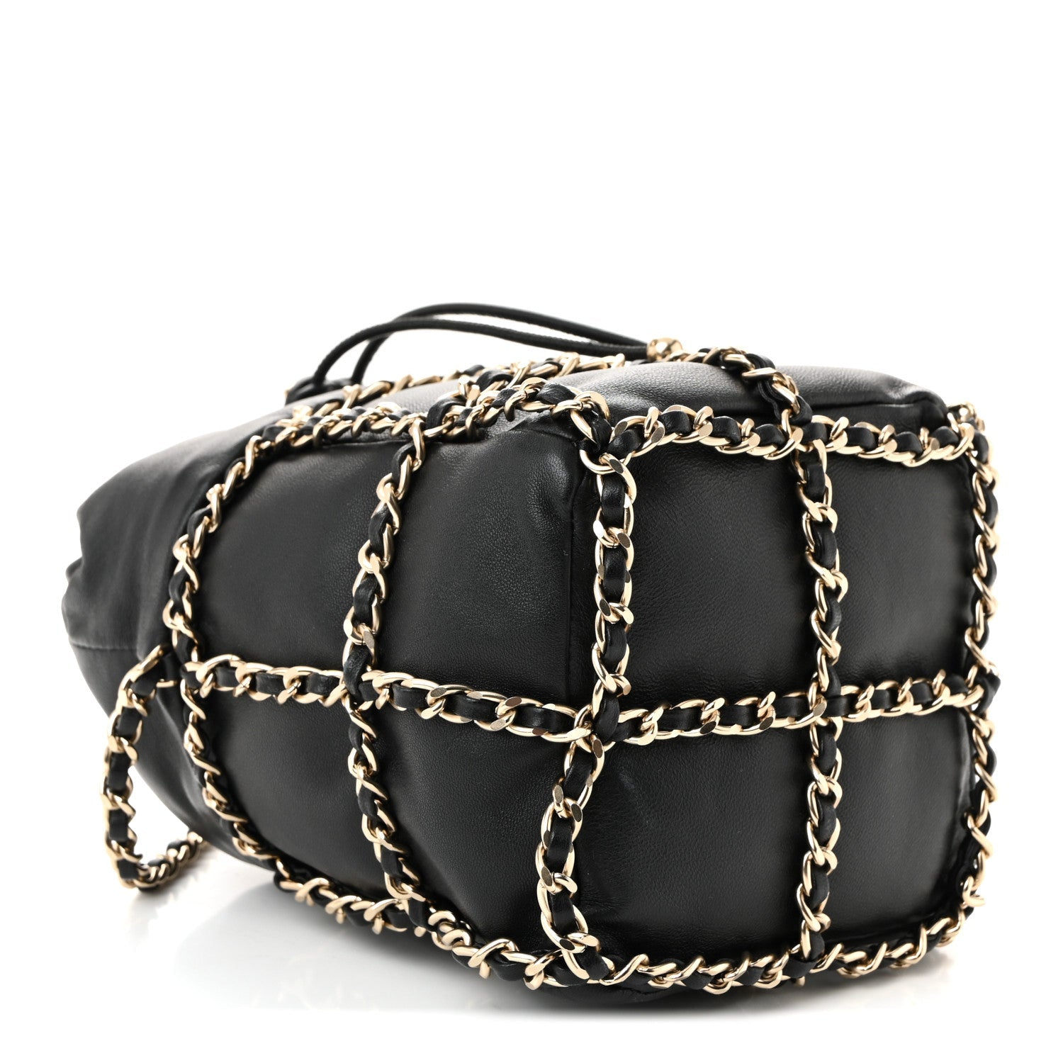 Lambskin Bucket Chain Drawstring Bag Black