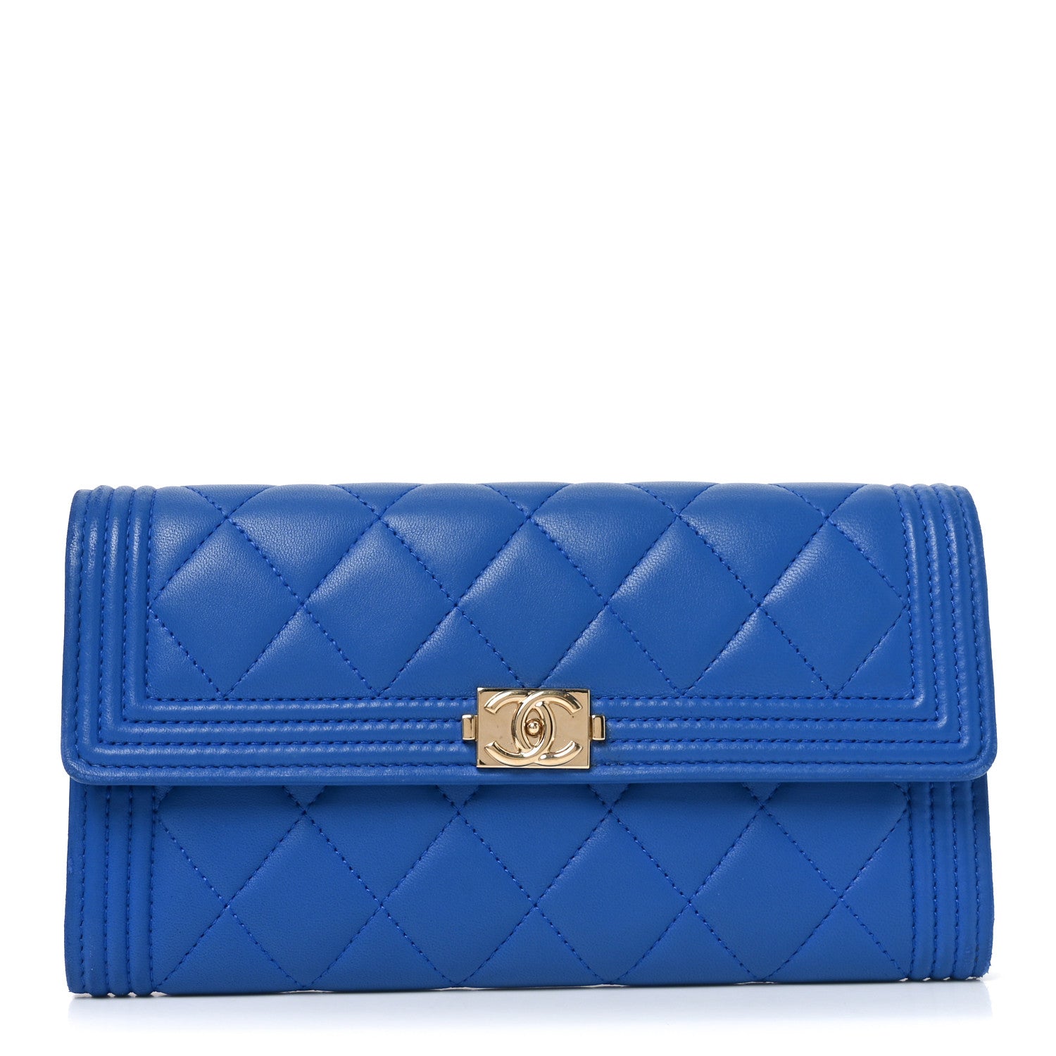 Lambskin Quilted Large Boy Gusset Flap Wallet Blue