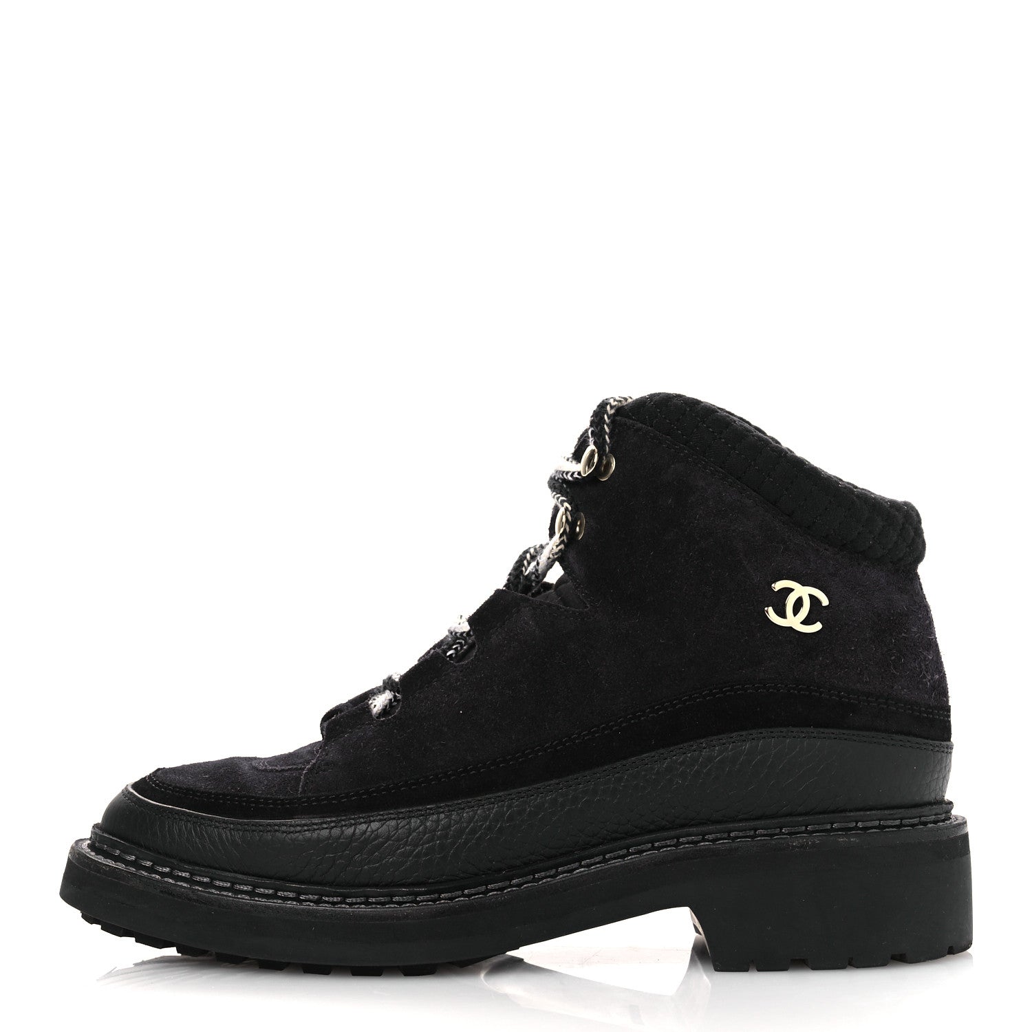 Suede Grained Calfskin CC Lace Up Boots 38 Black