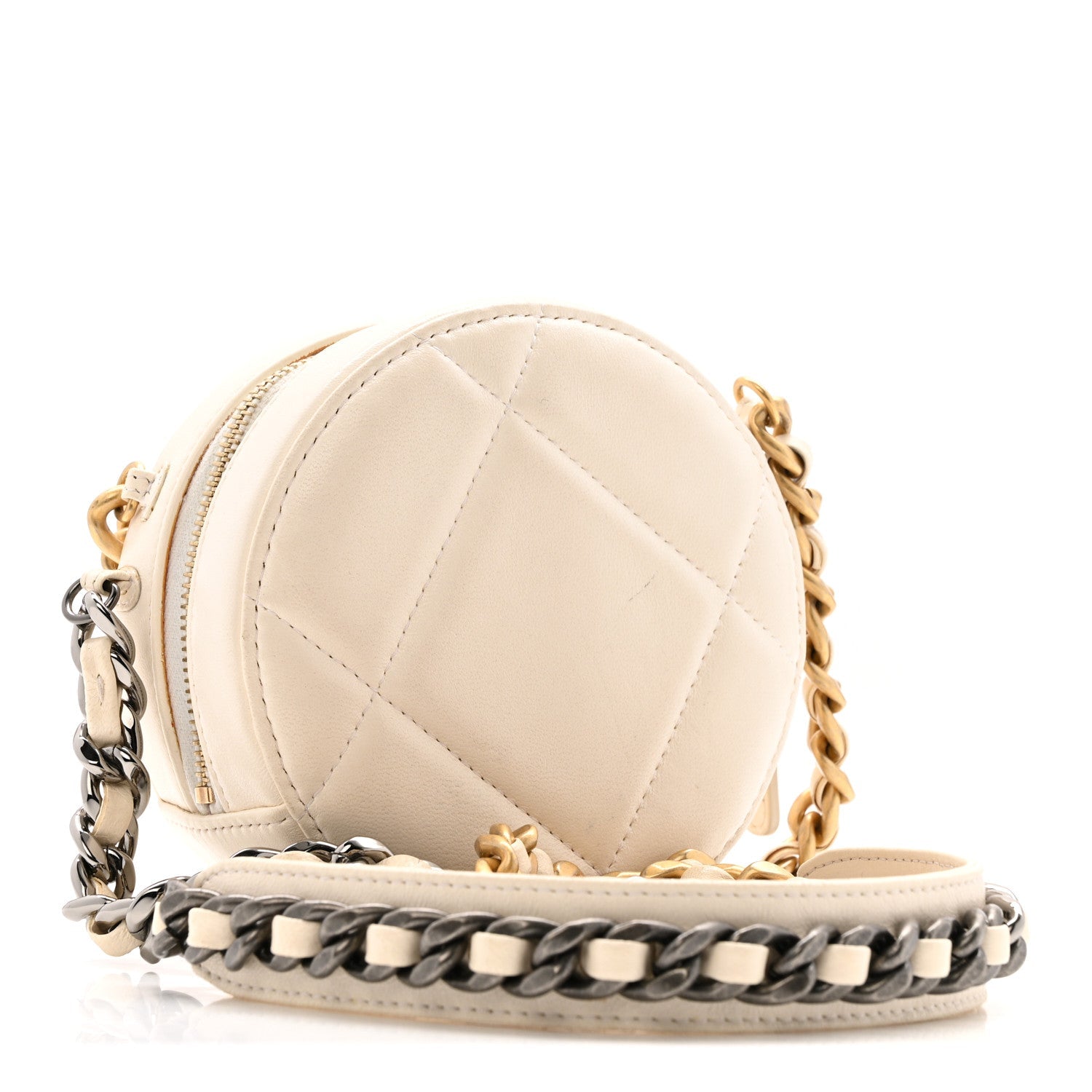 Lambskin Quilted Chanel 19 Round Clutch With Chain White