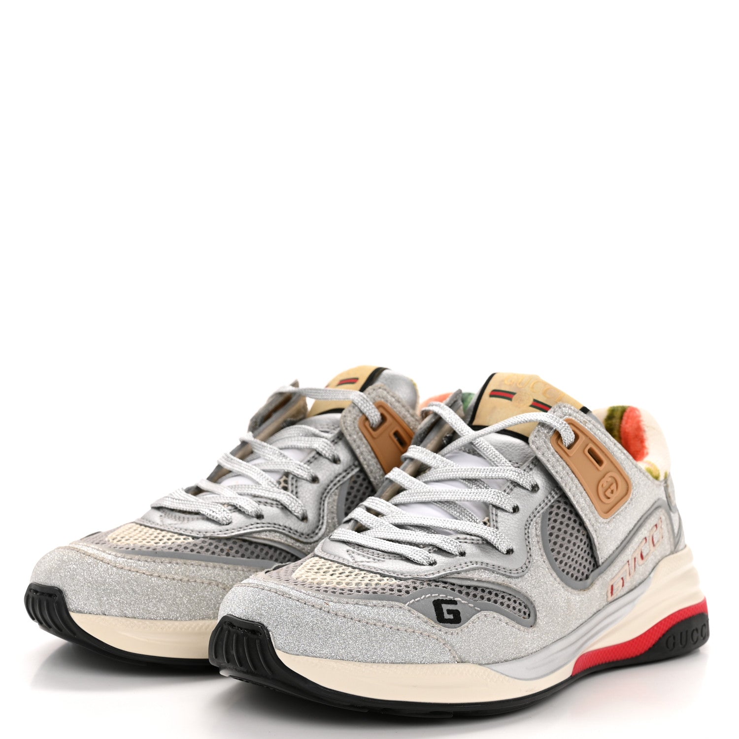 Metallic Calfskin Glitter Mesh Womens Ultrapace Sneakers 36 Silver Light Grey Mystic White