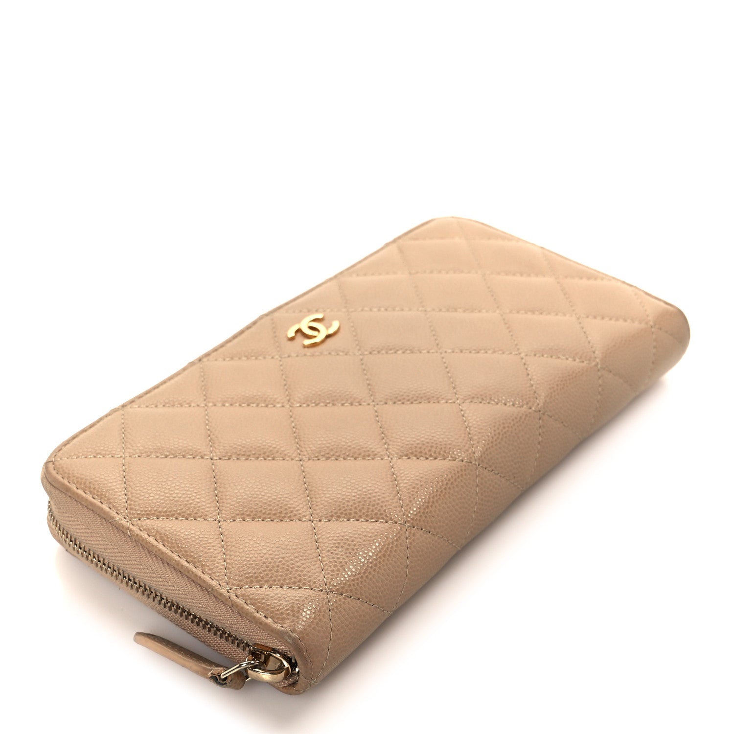 Caviar Quilted Large Gusset Zip Around Wallet Beige Clair
