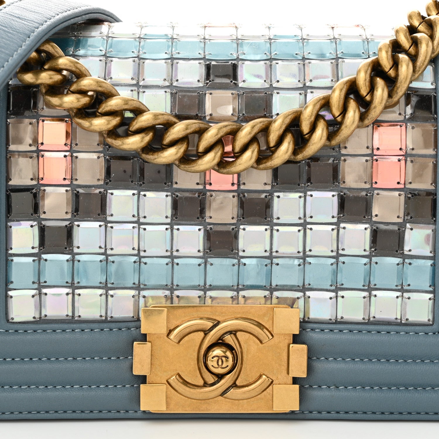 Lambskin Tile Embroidered Small Brasserie Mosaic Boy Flap Blue Multicolor