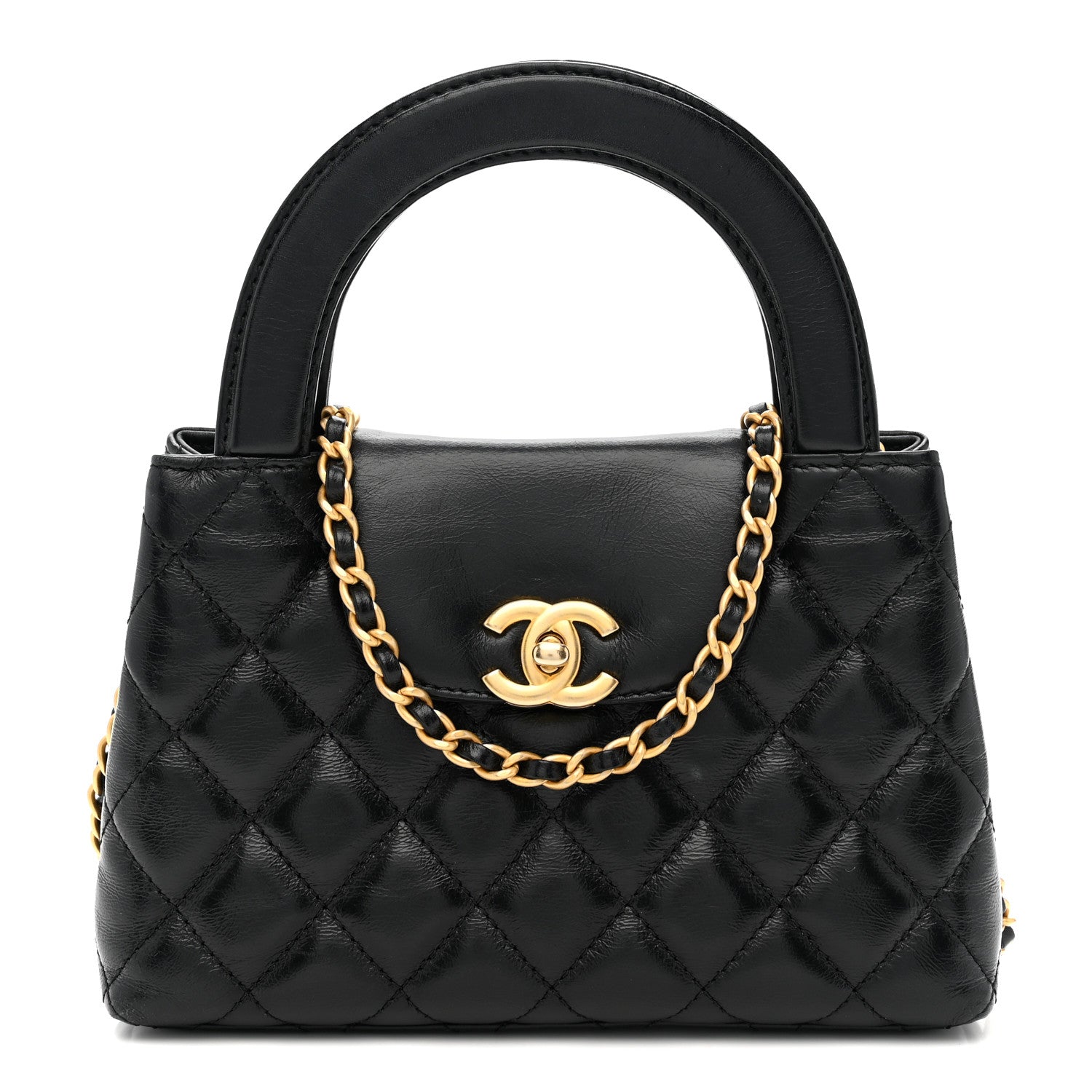 Shiny Aged Calfskin Quilted Nano Kelly Shopper Black