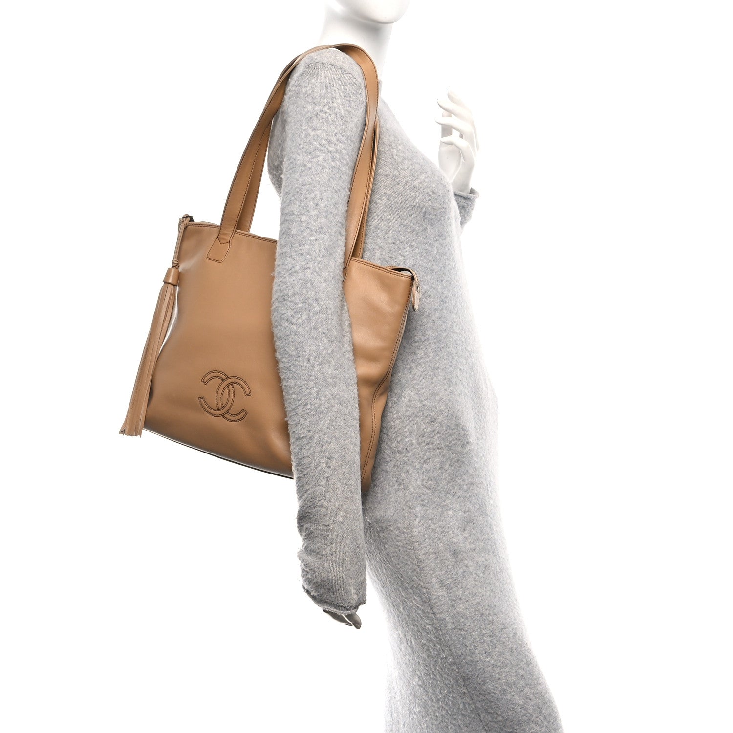 Calfskin CC Tassel Shopping Tote Beige