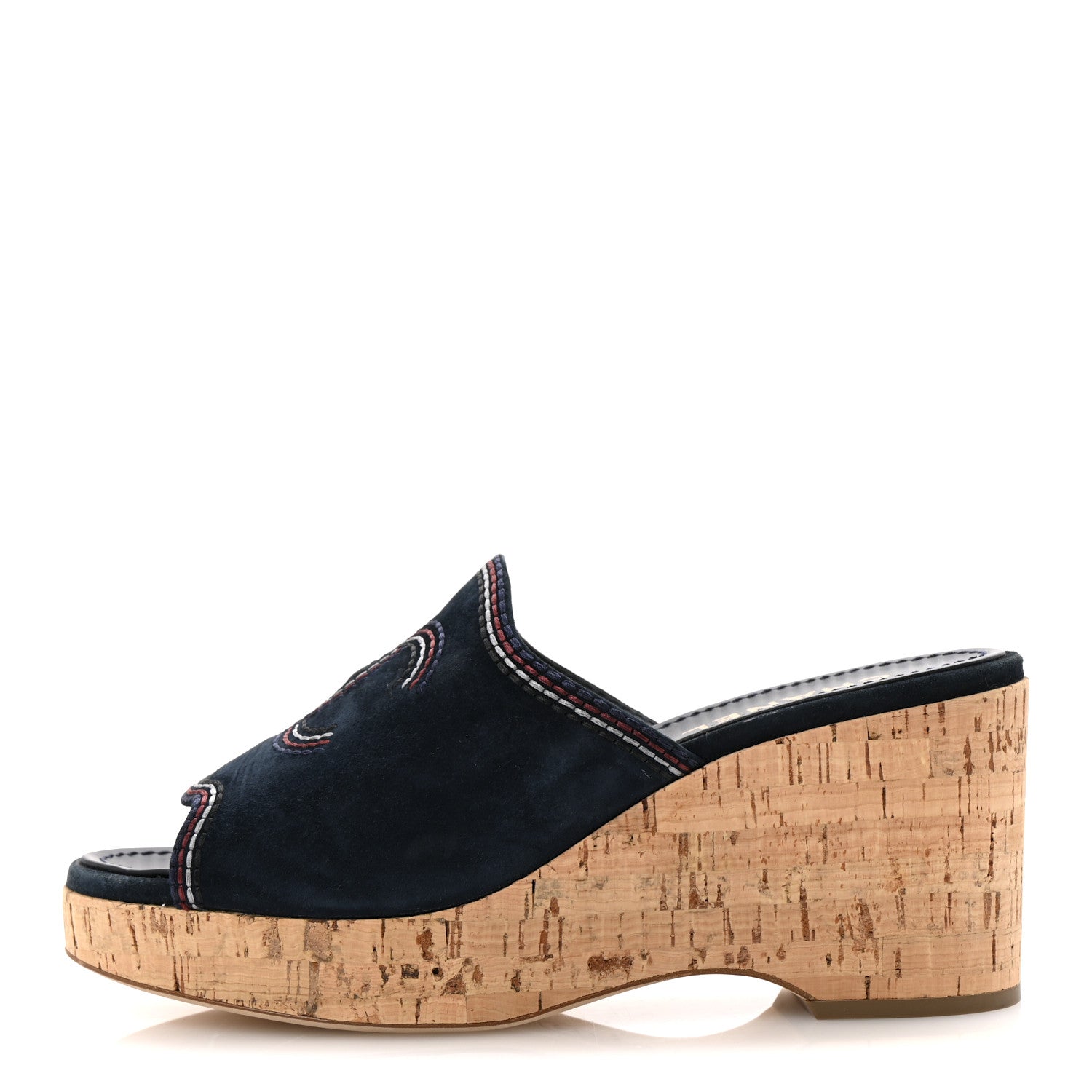 Suede Calfskin Cork CC Wedge Sandal 39 Navy Blue