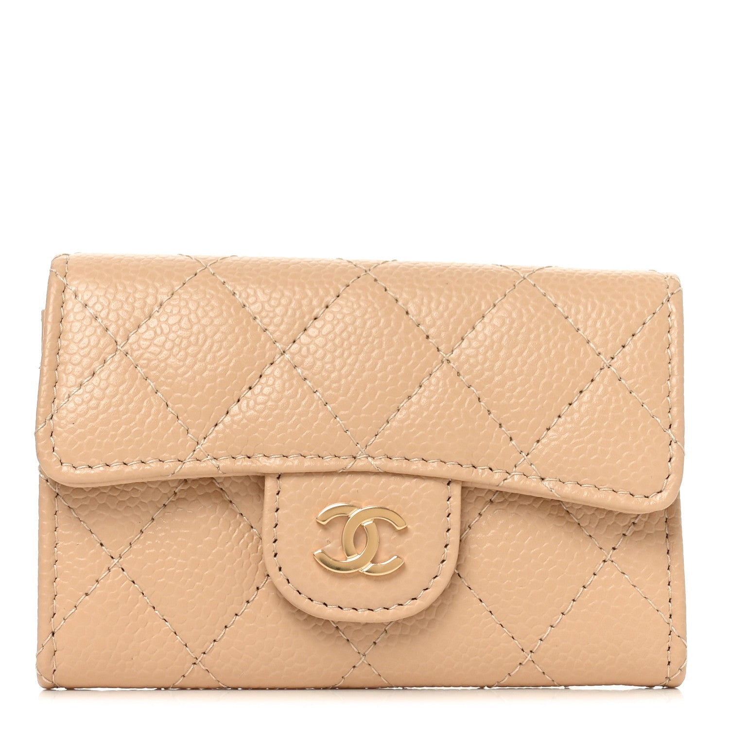 Caviar Quilted Flap Card Holder Wallet Beige