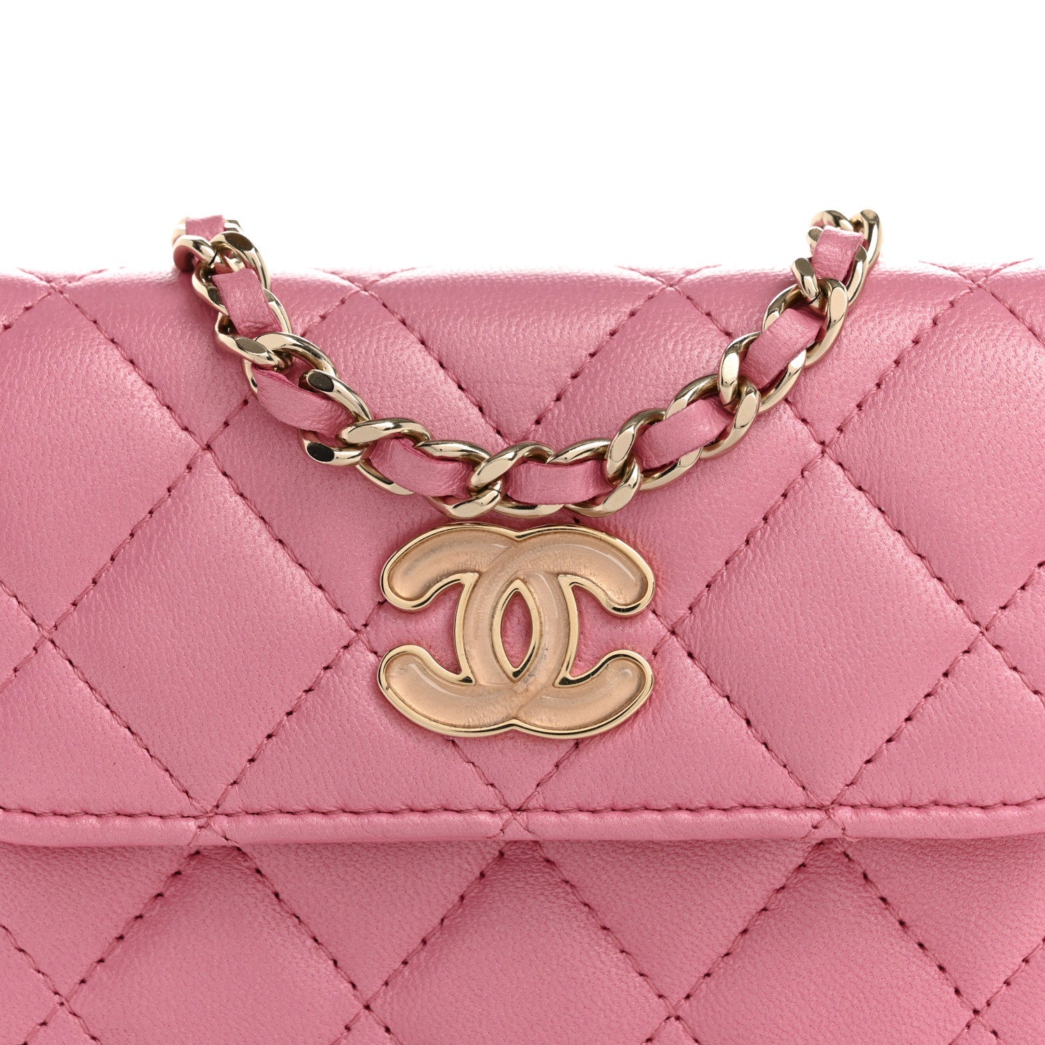 Iridescent Lambskin Quilted Heart Bead Clutch With Chain Pink