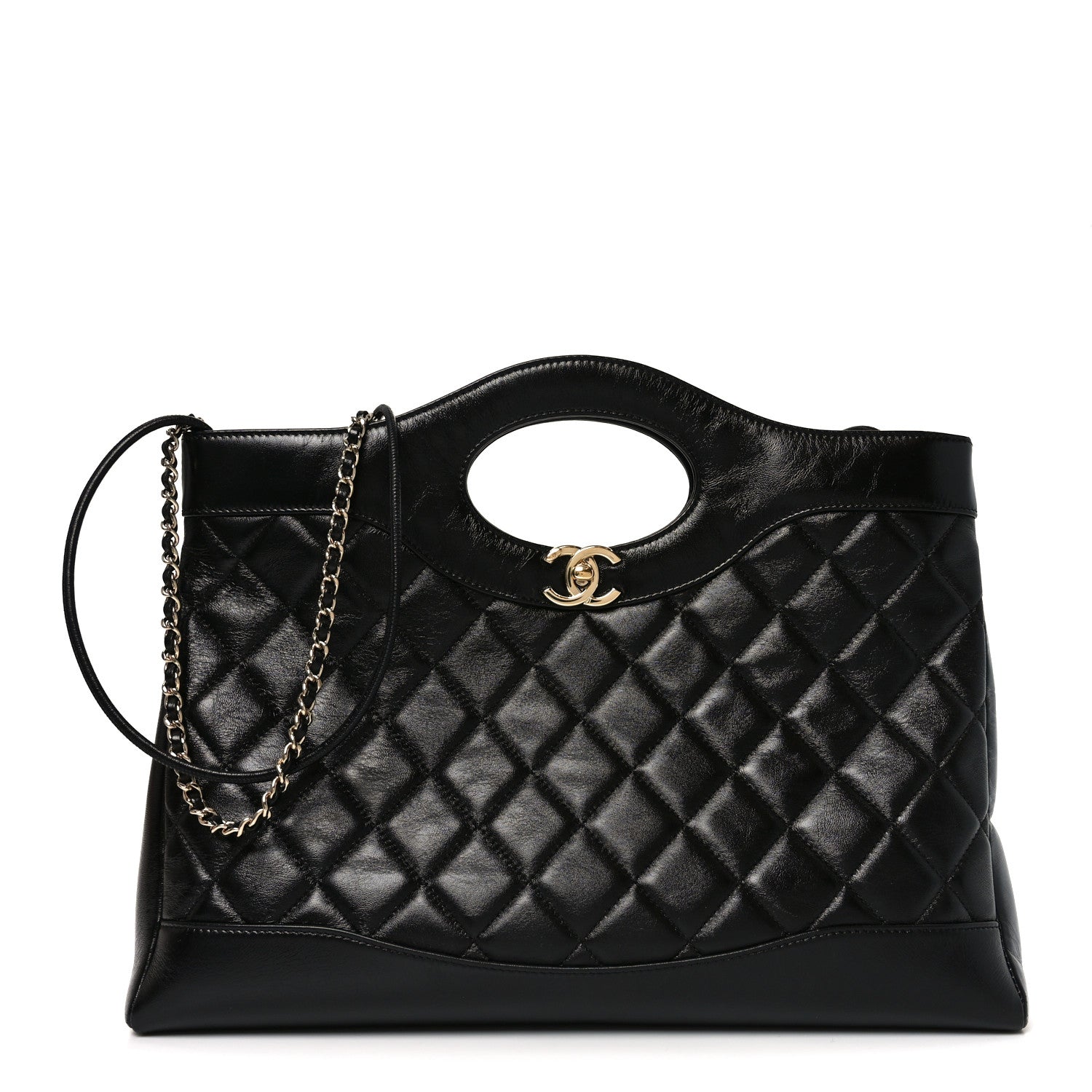 Shiny Lambskin Quilted 31 Shopping Bag Black