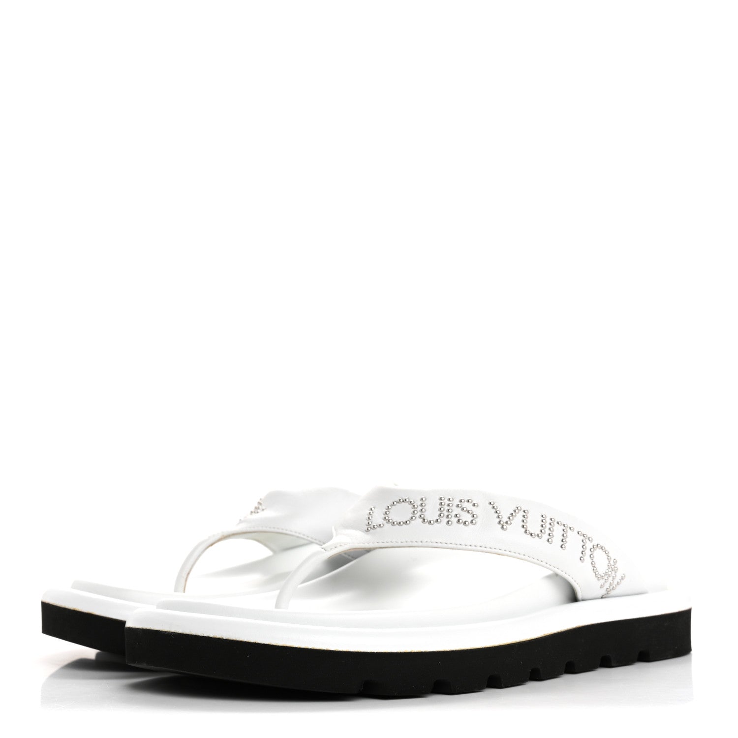 Calfskin Logo Studded Pillow Flat Thong Sandals 35 White