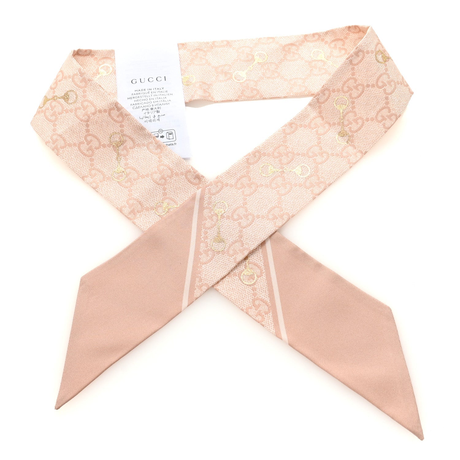 Silk Twill GG Monogram Gold Horsebity Neck Bow Scarf Pink