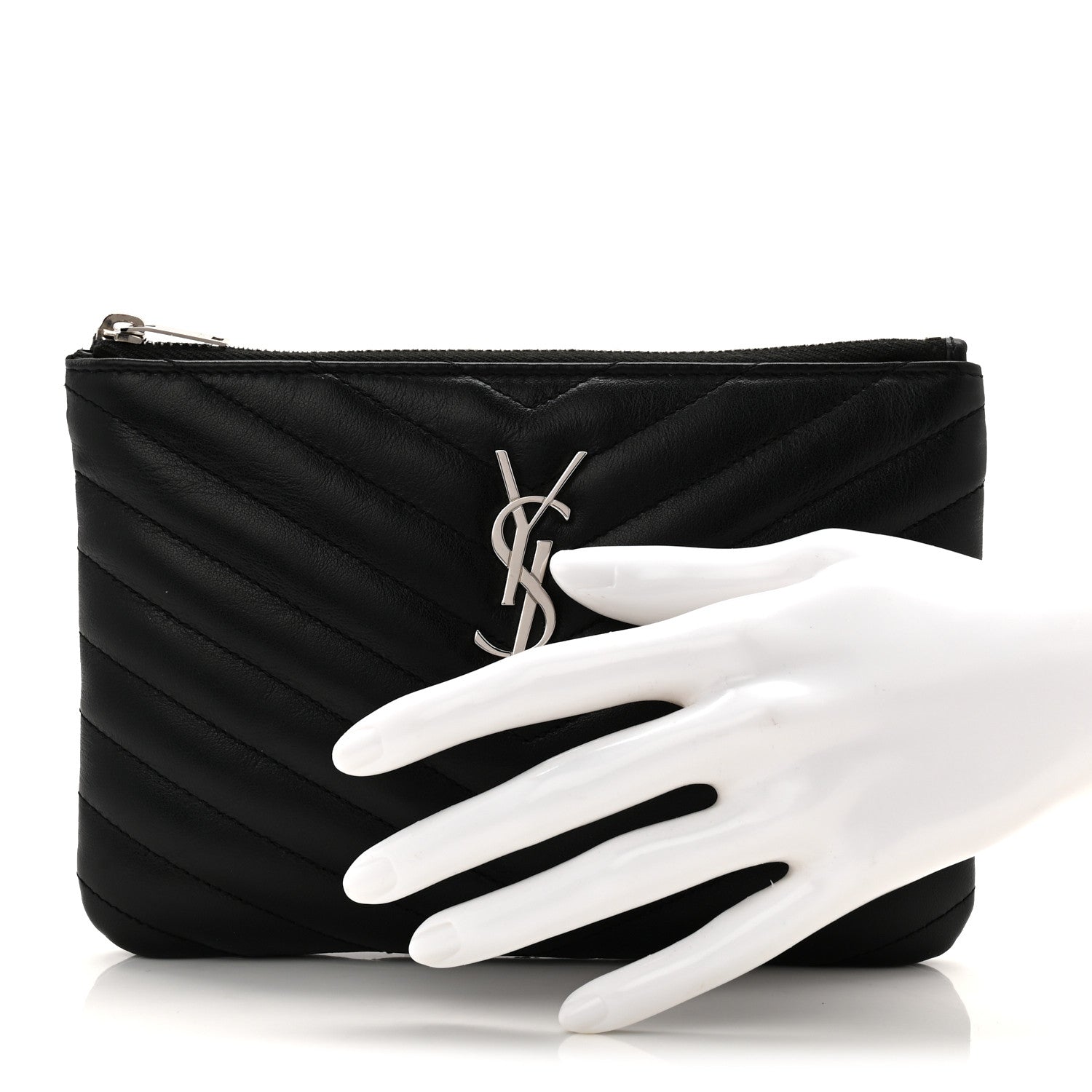 Calfskin Matelasse Chevron Monogram Pouch Black