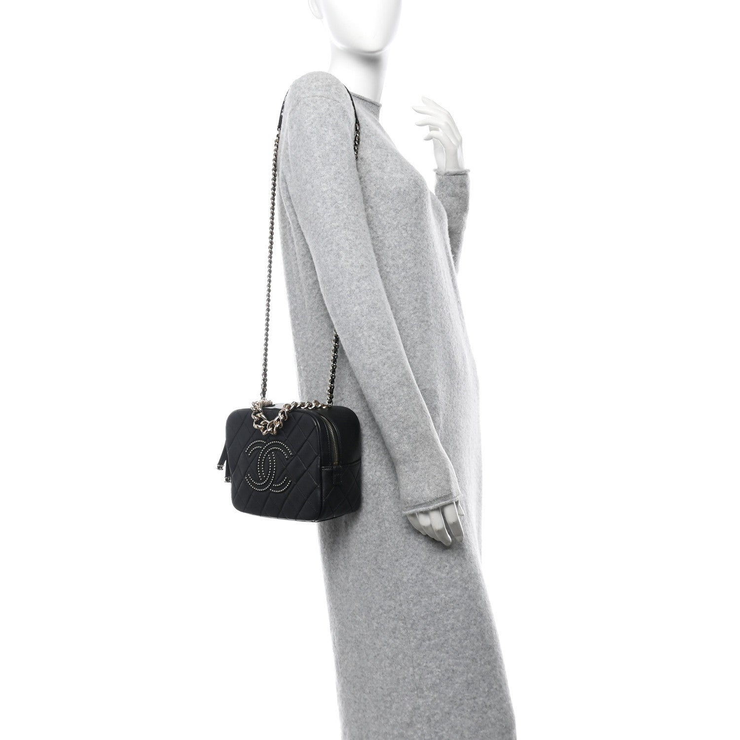 Lambskin Quilted Studded Quilted Vanity Case With Chain Black