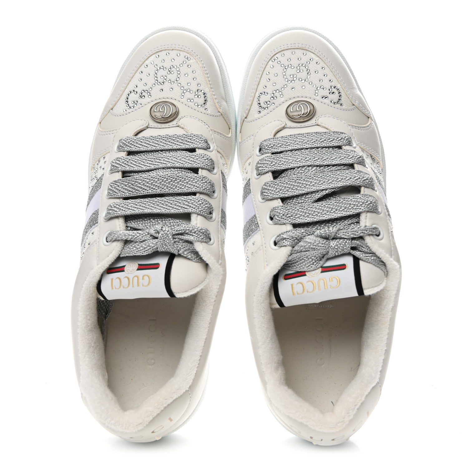Calfskin GG Supreme Crystals Web Screener Sneakers 38 White Silver