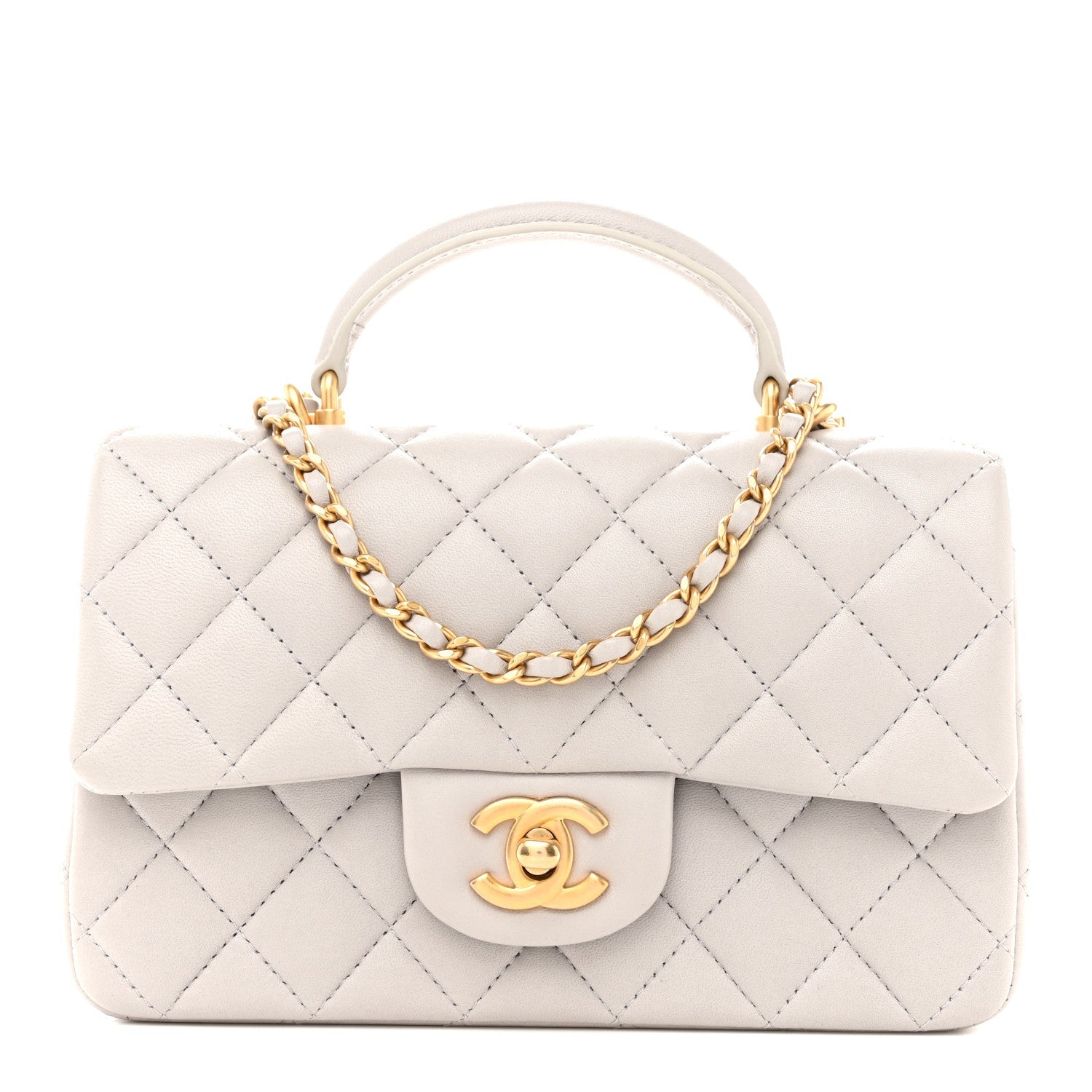 Lambskin Quilted Mini Top Handle Rectangular Flap Grey
