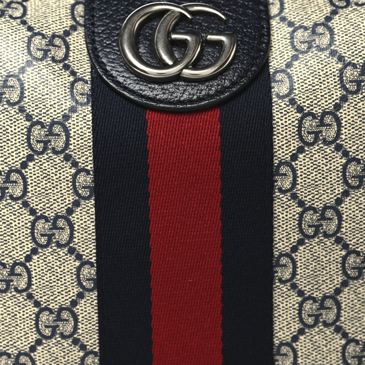 GG Supreme Monogram Textured Dollar Calfskin Web Small Ophidia Half Moon Hobo Beige Blue