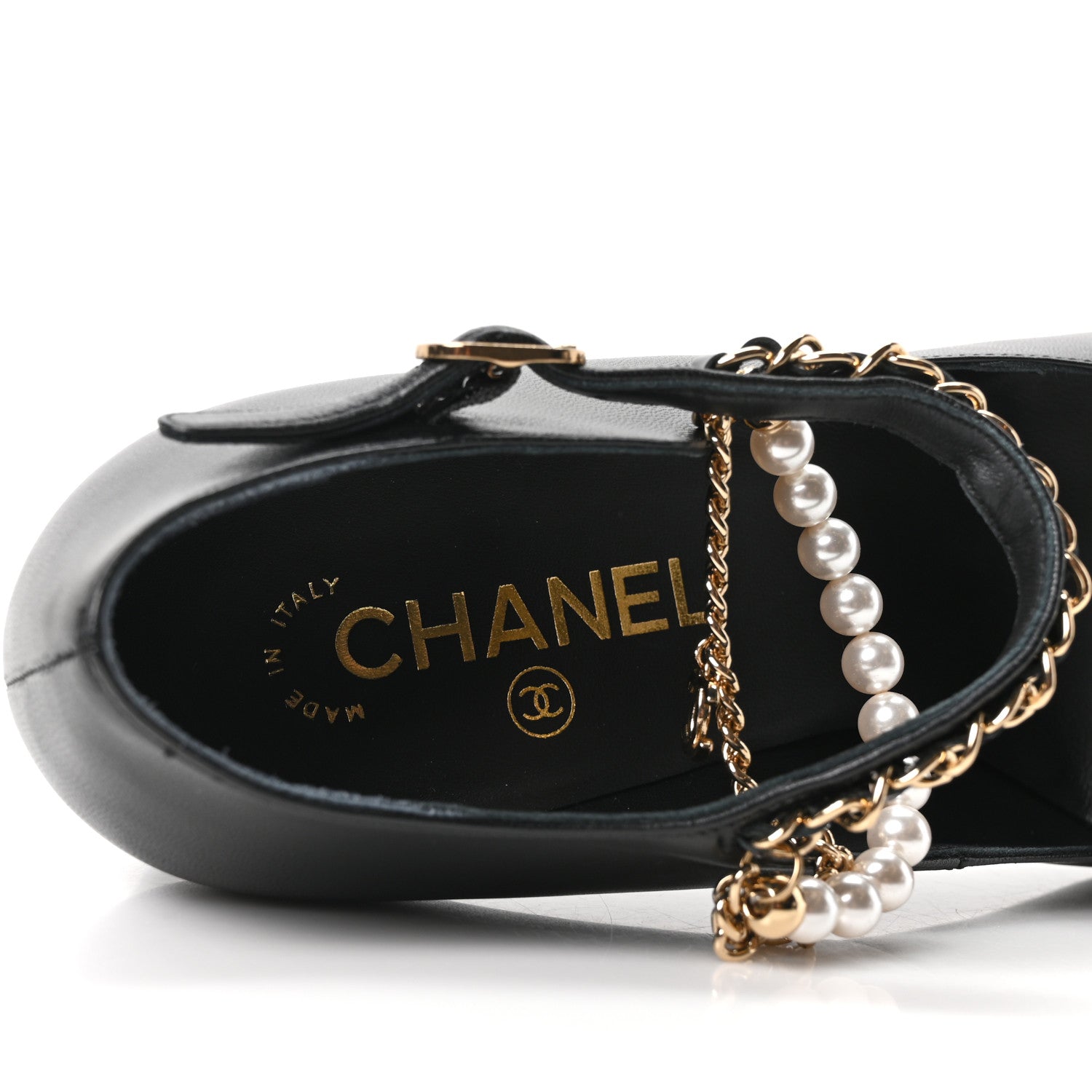 Shiny Lambskin Patent Calfskin Cap Toe Ankle Pearl Chain Pumps 39.5 Black