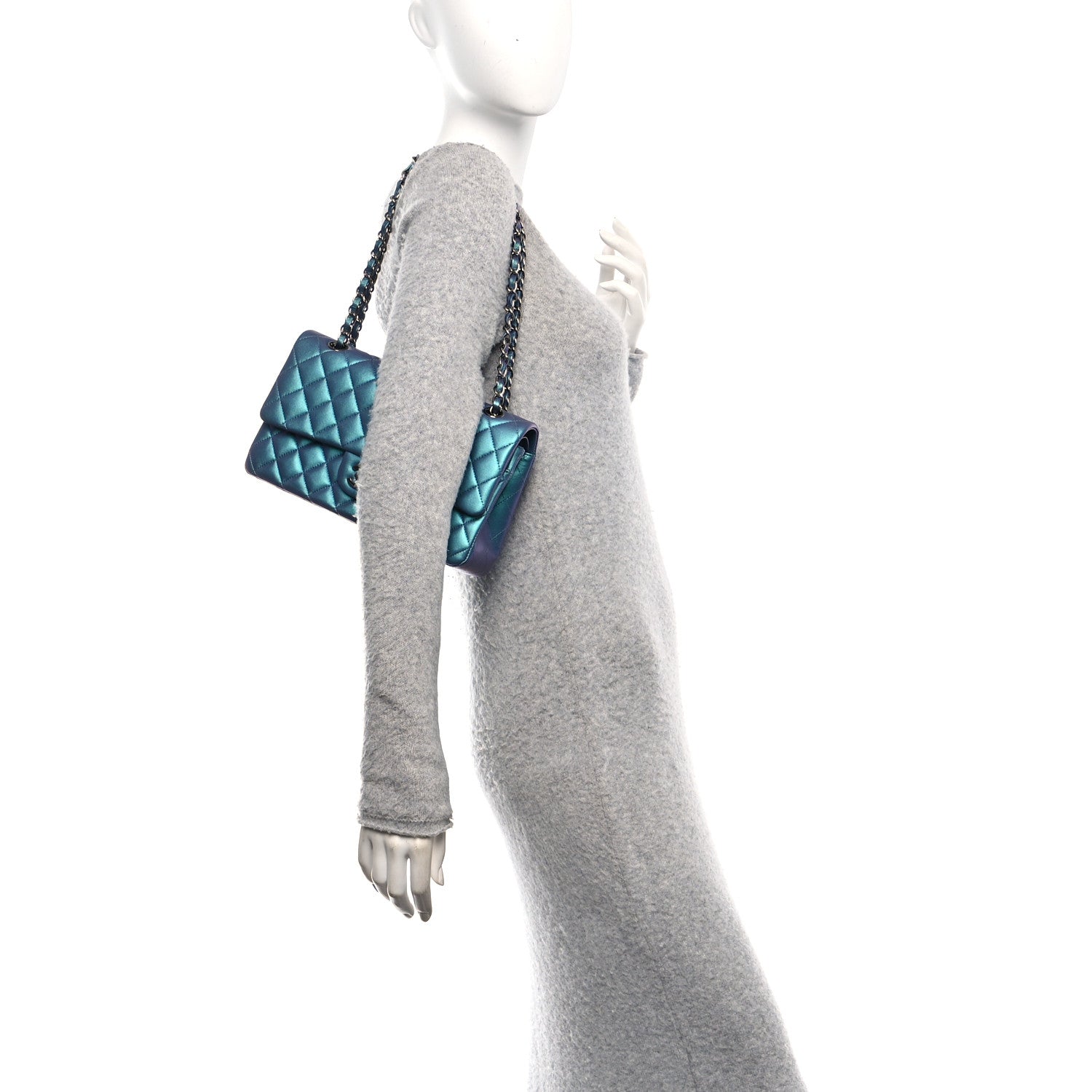 Metallic Lambskin Quilted Medium Double Flap Turquoise