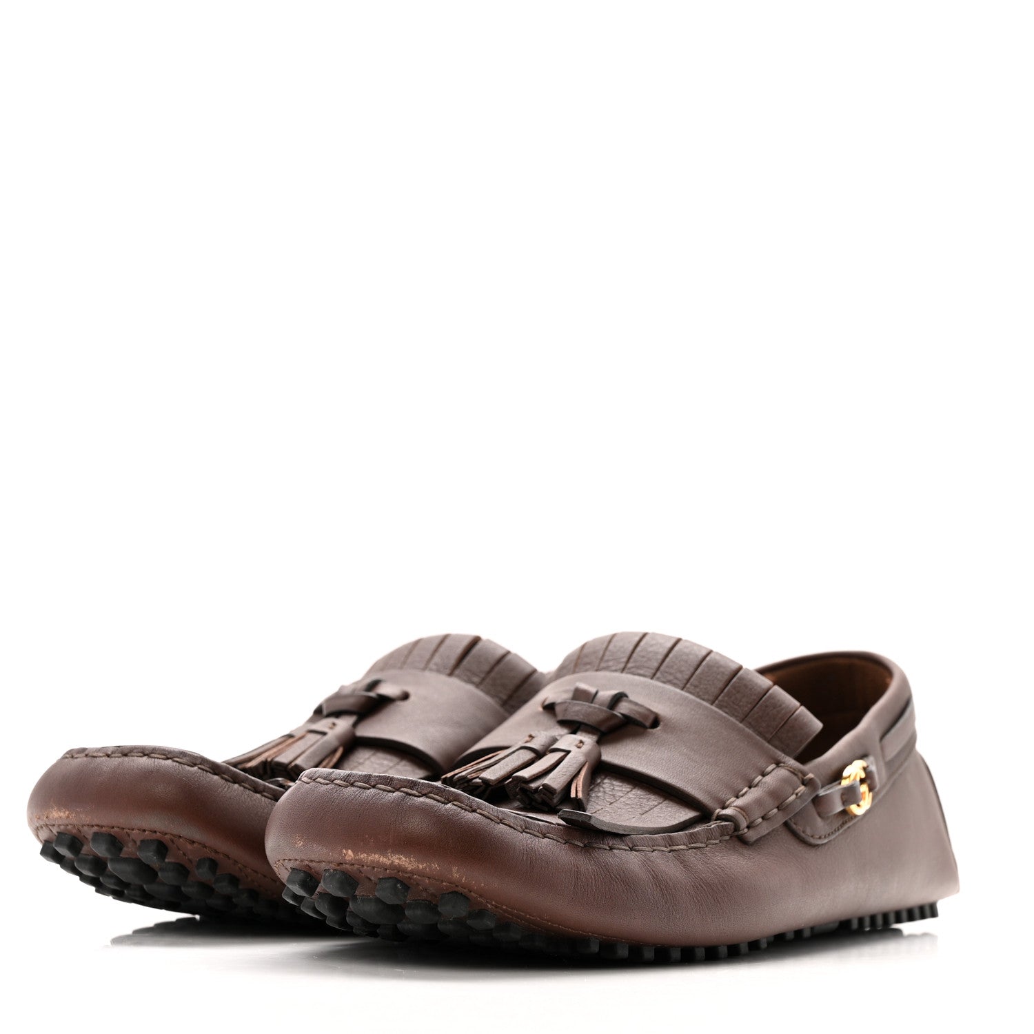Calfskin Fringe Interlocking G Mens Driver Loafers 8 Brown