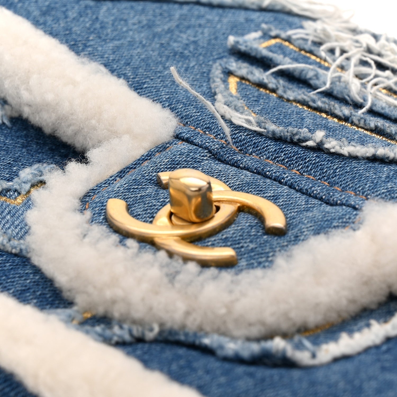 Denim Shearling Hieroglyph Flap Blue