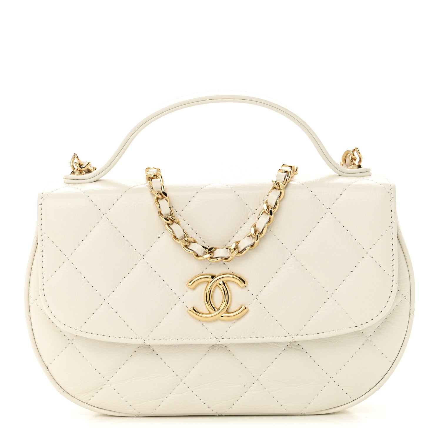 Shiny Aged Calfskin Quilted Top Handle Clutch With Chain White