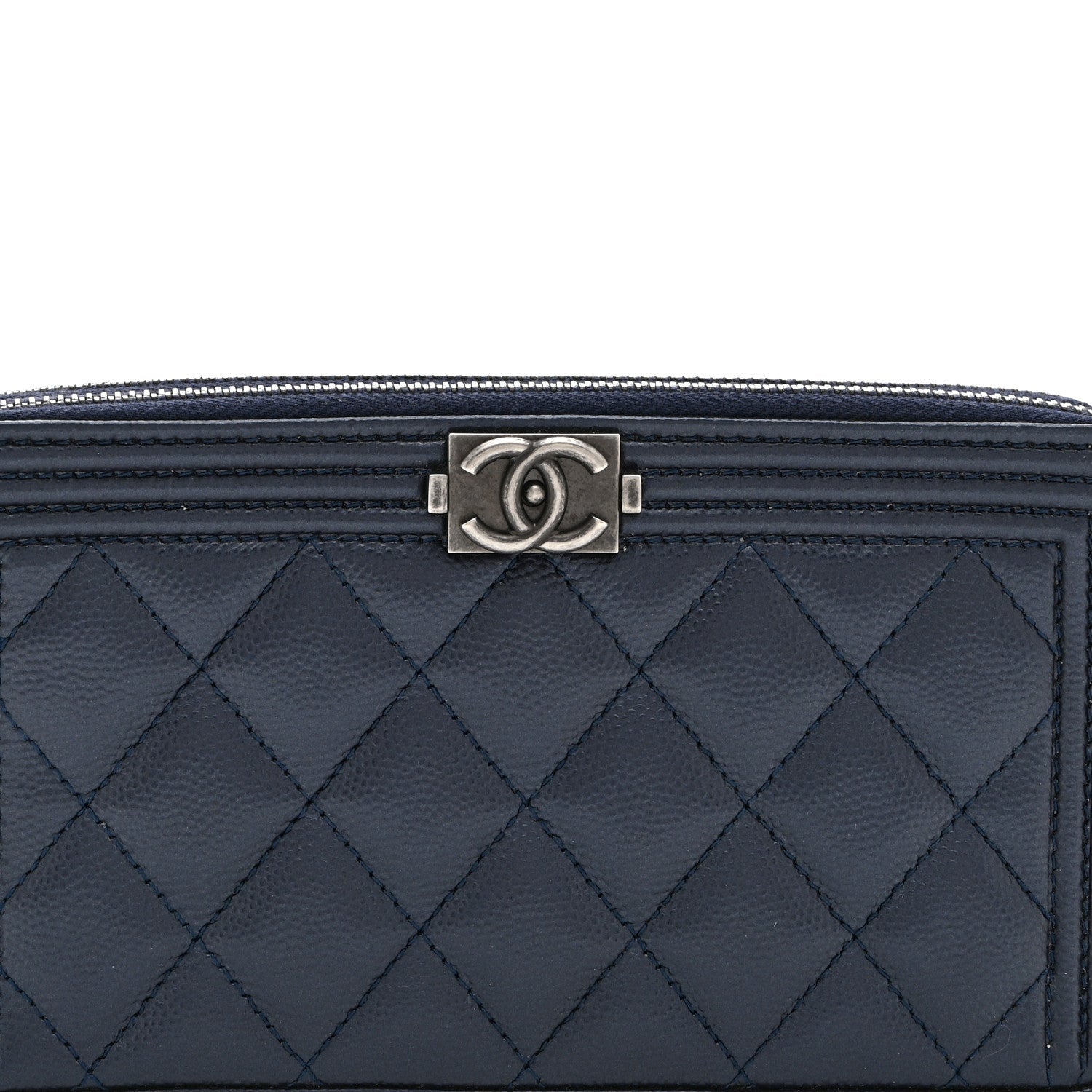 Metallic Caviar Quilted Small Boy Clutch With Chain Navy