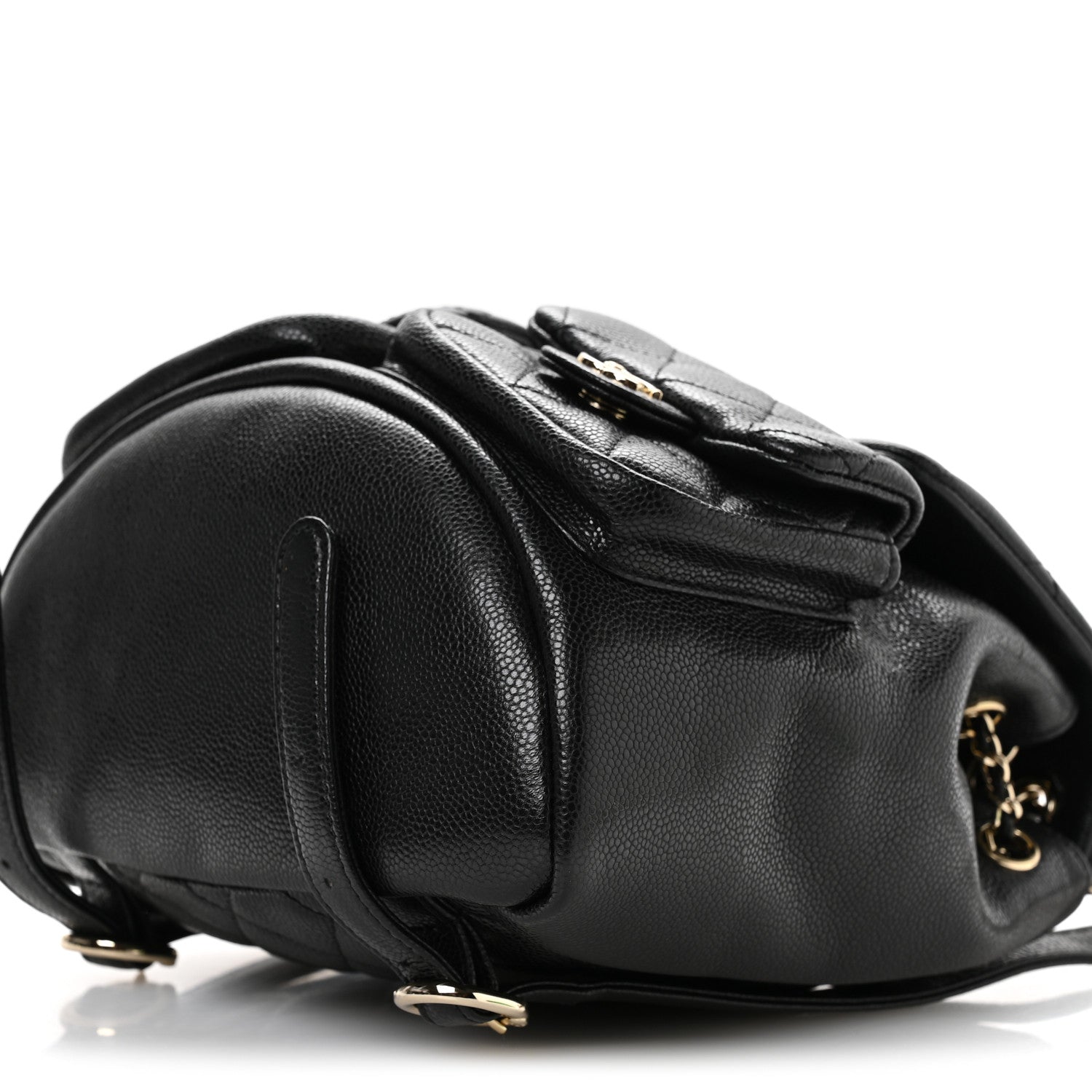 Shiny Caviar Quilted Medium Duma Pockets Drawstring Backpack Black