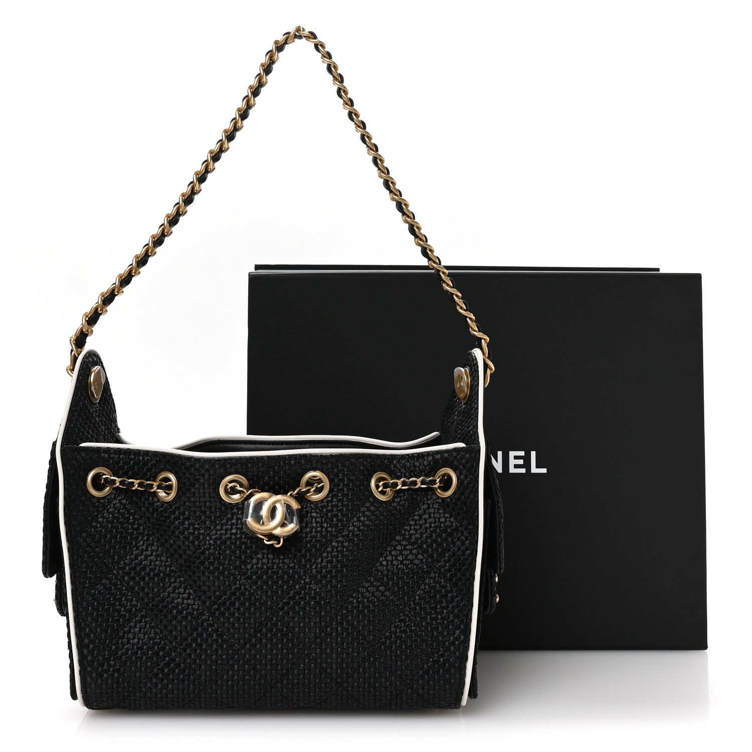Braided Raffia Calfskin Mini Chanel 25 Handbag Black White