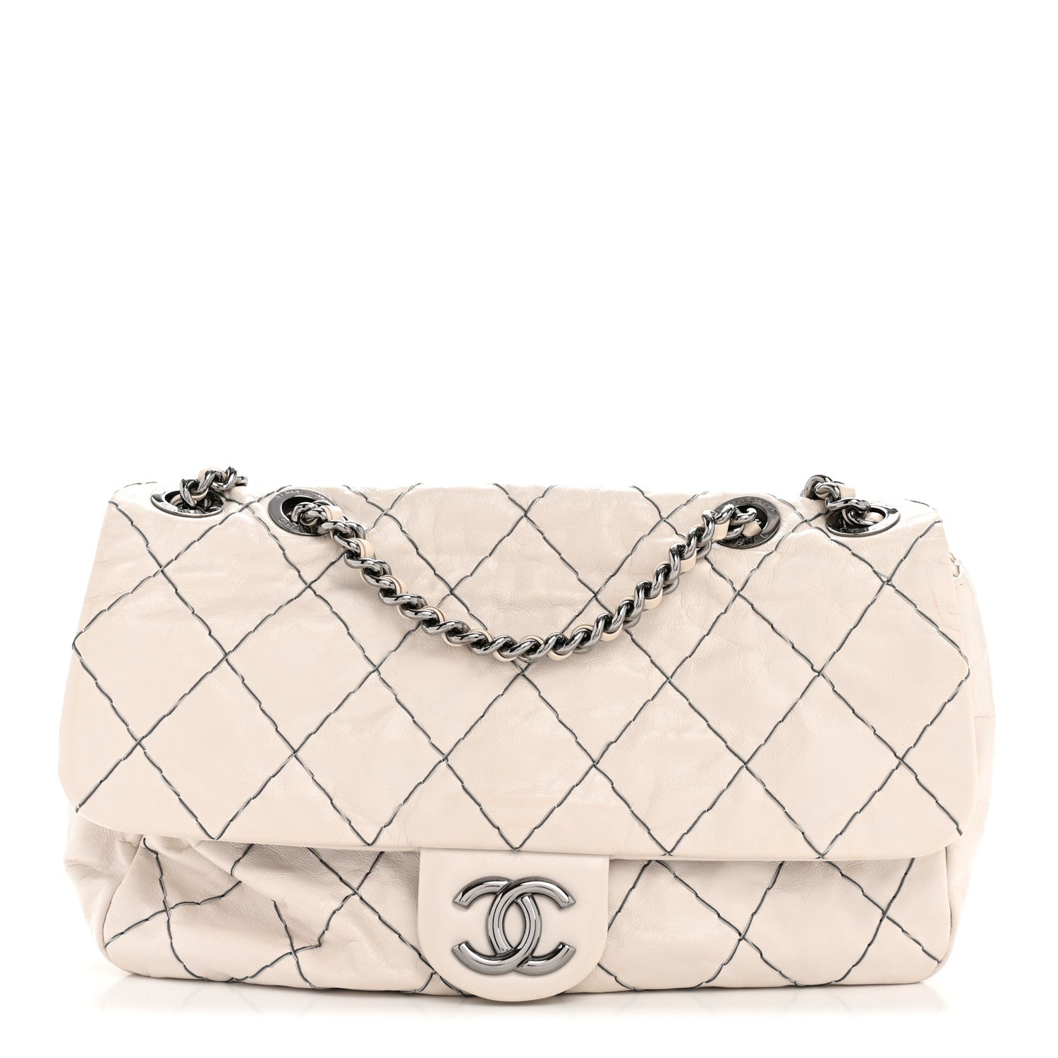 Glazed Goatskin Double Stitch Flap Ivory