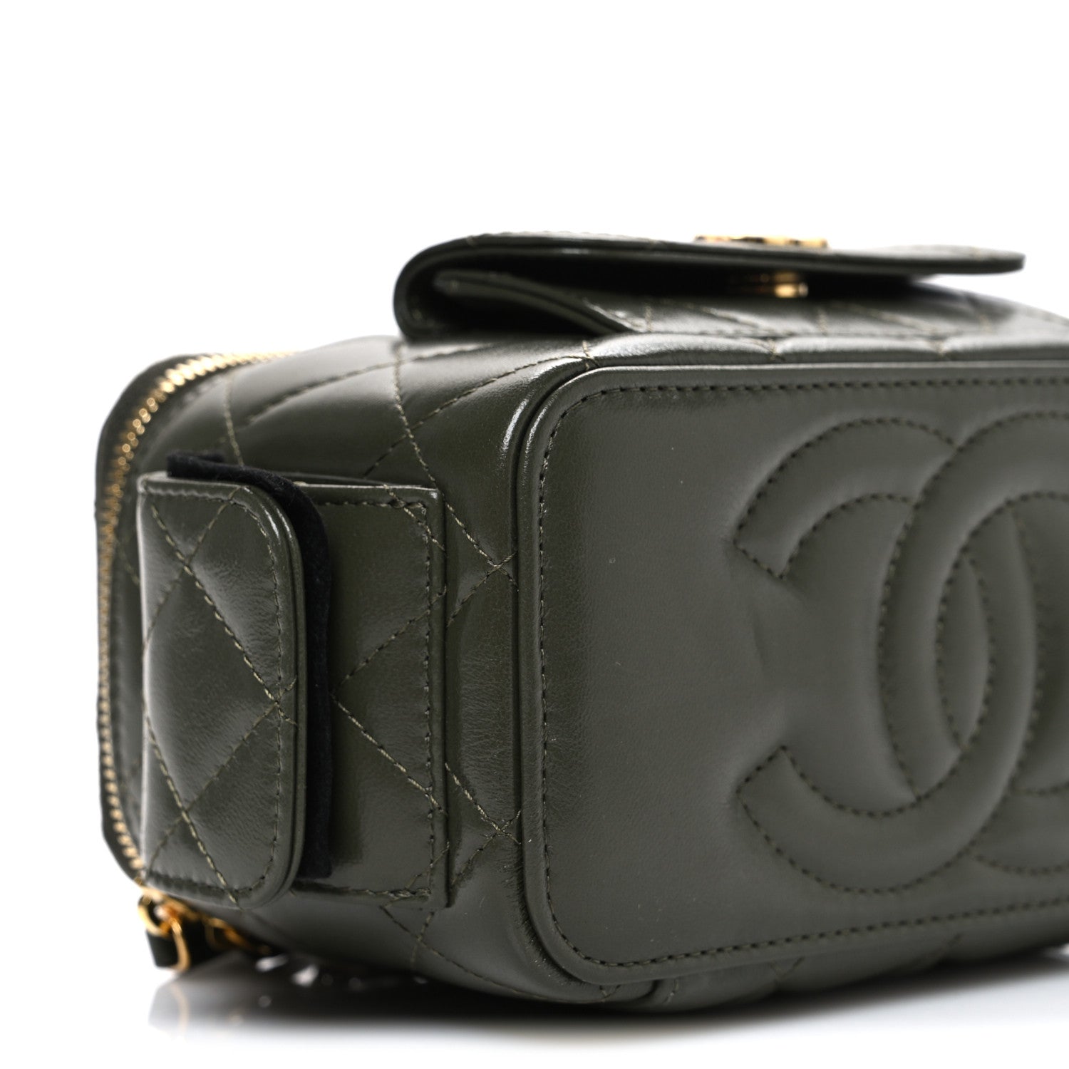 Lambskin Quilted Polly Pocket East West Top Vanity With Chain Khaki
