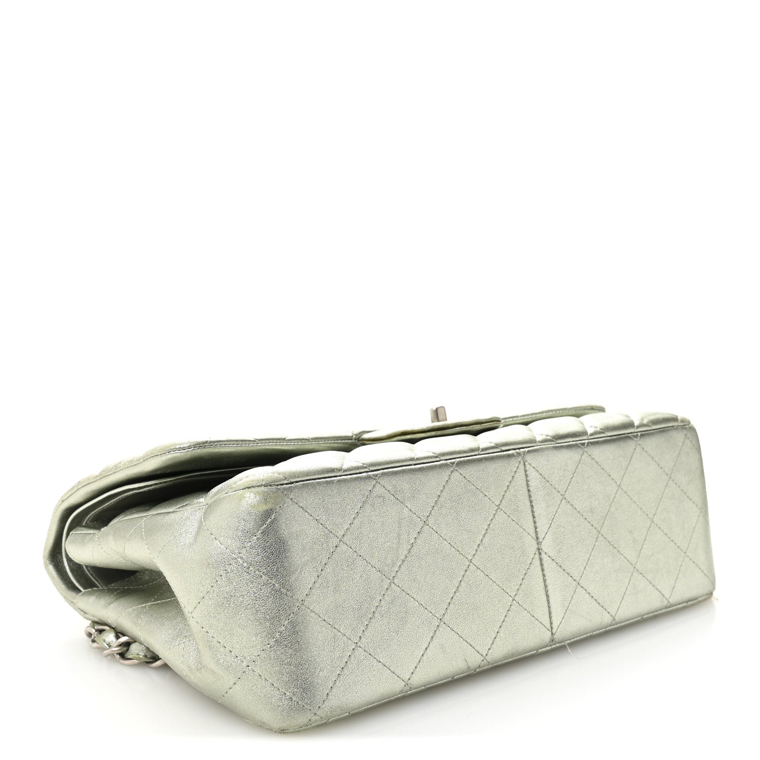 Metallic Lambskin Quilted Jumbo Double Flap Green