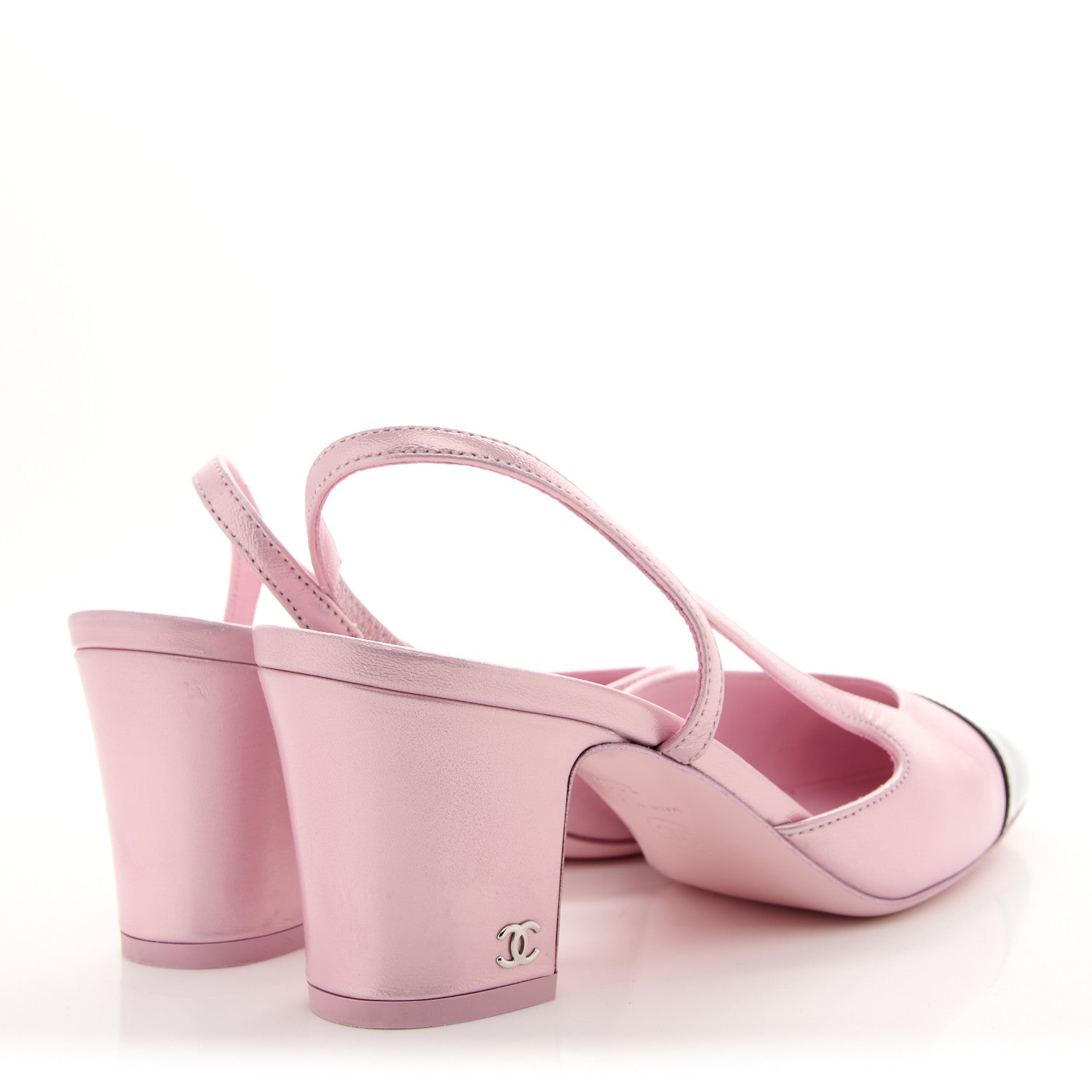Laminated Lambskin Patent Cap Toe CC Slingback Pumps 38 Light Pink Black