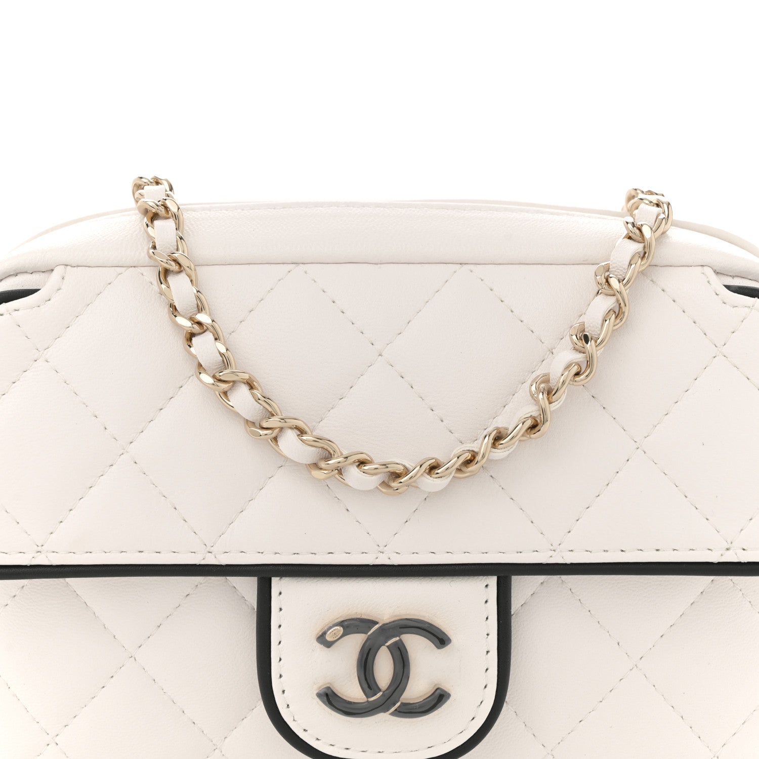 Lambskin Resin Quilted Chain Camera Bag White Black