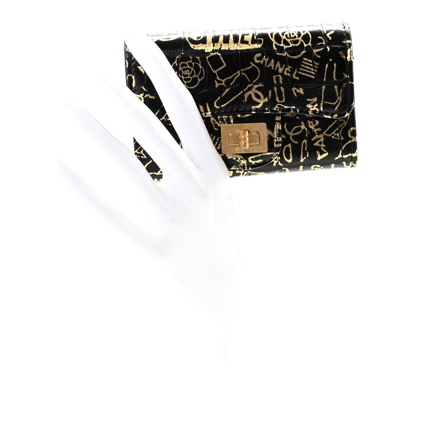 Calfskin Crocodile Embossed Graffiti 2.55 Cocodile Reissue Flap Card Holder Black Gold