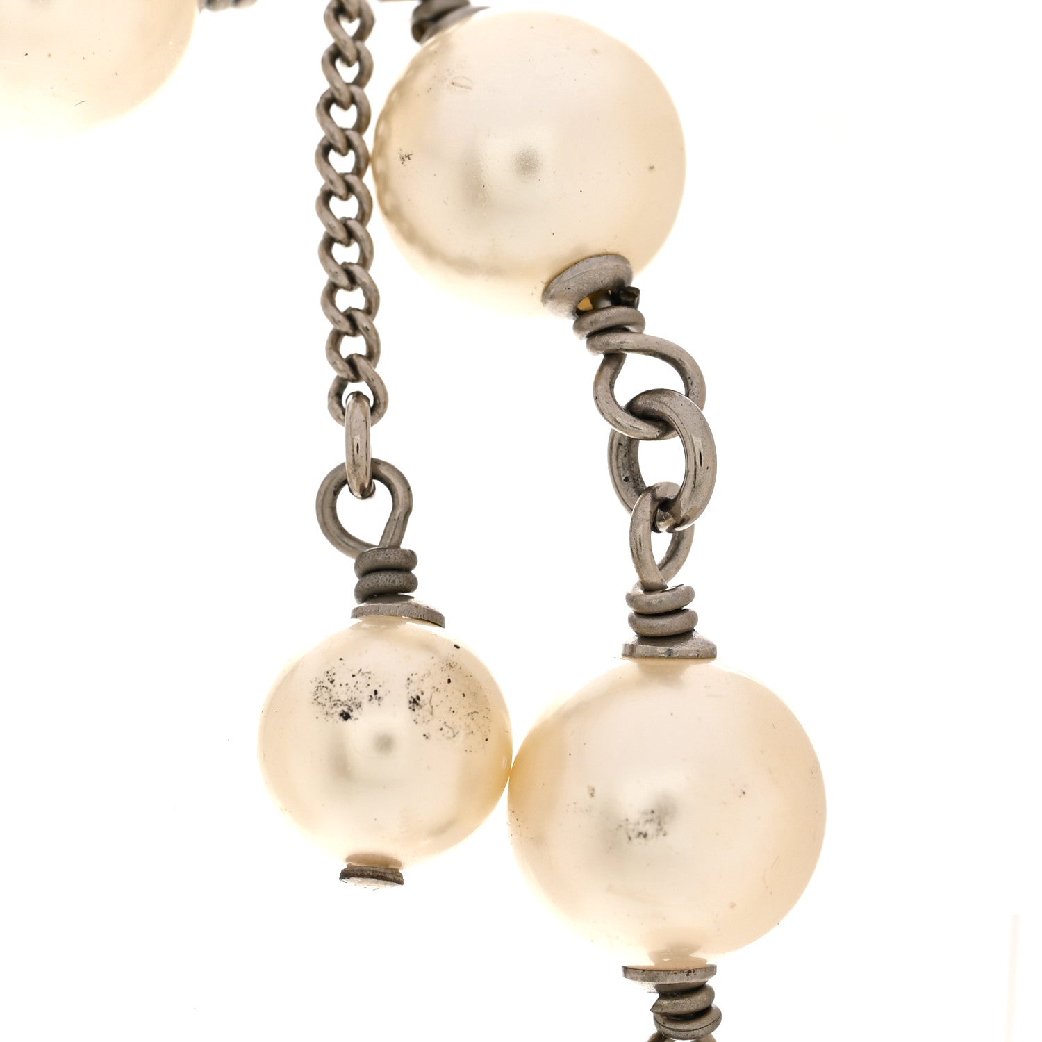 Pearl Baguette Crystal CC Long Necklace Silver