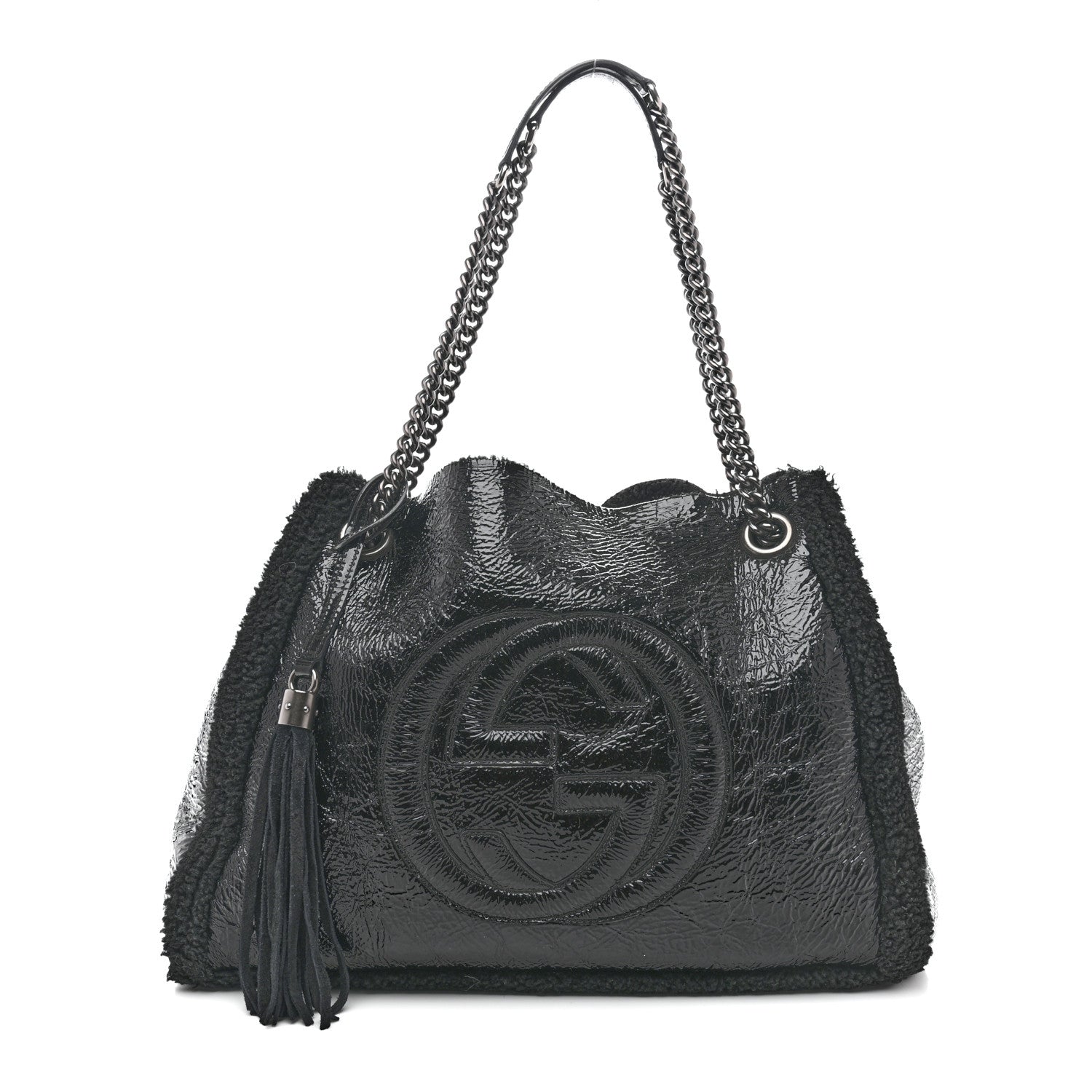 Patent Shearling Medium Soho Chain Shoulder Bag Black