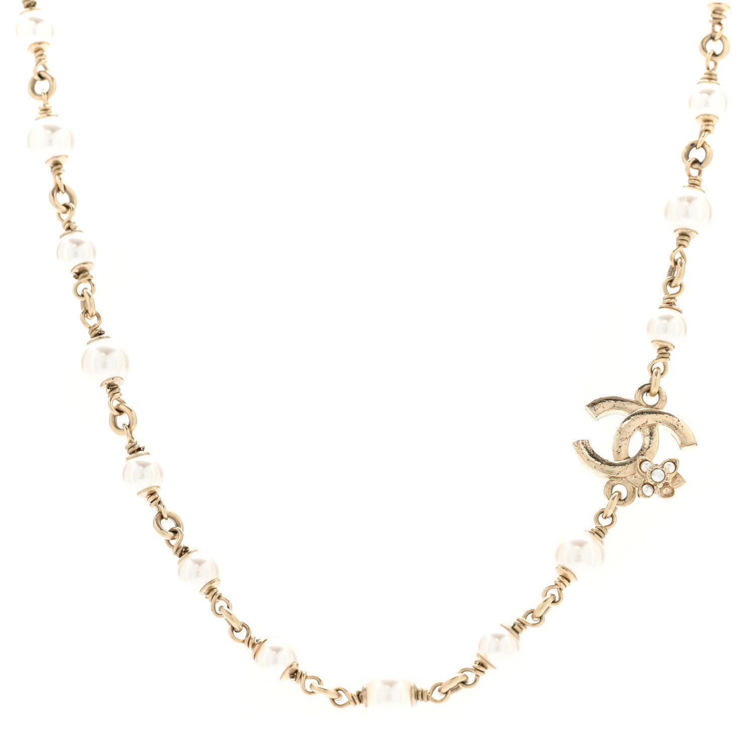 Pearl Crystal CC Flower Necklace Pearly White Light Gold