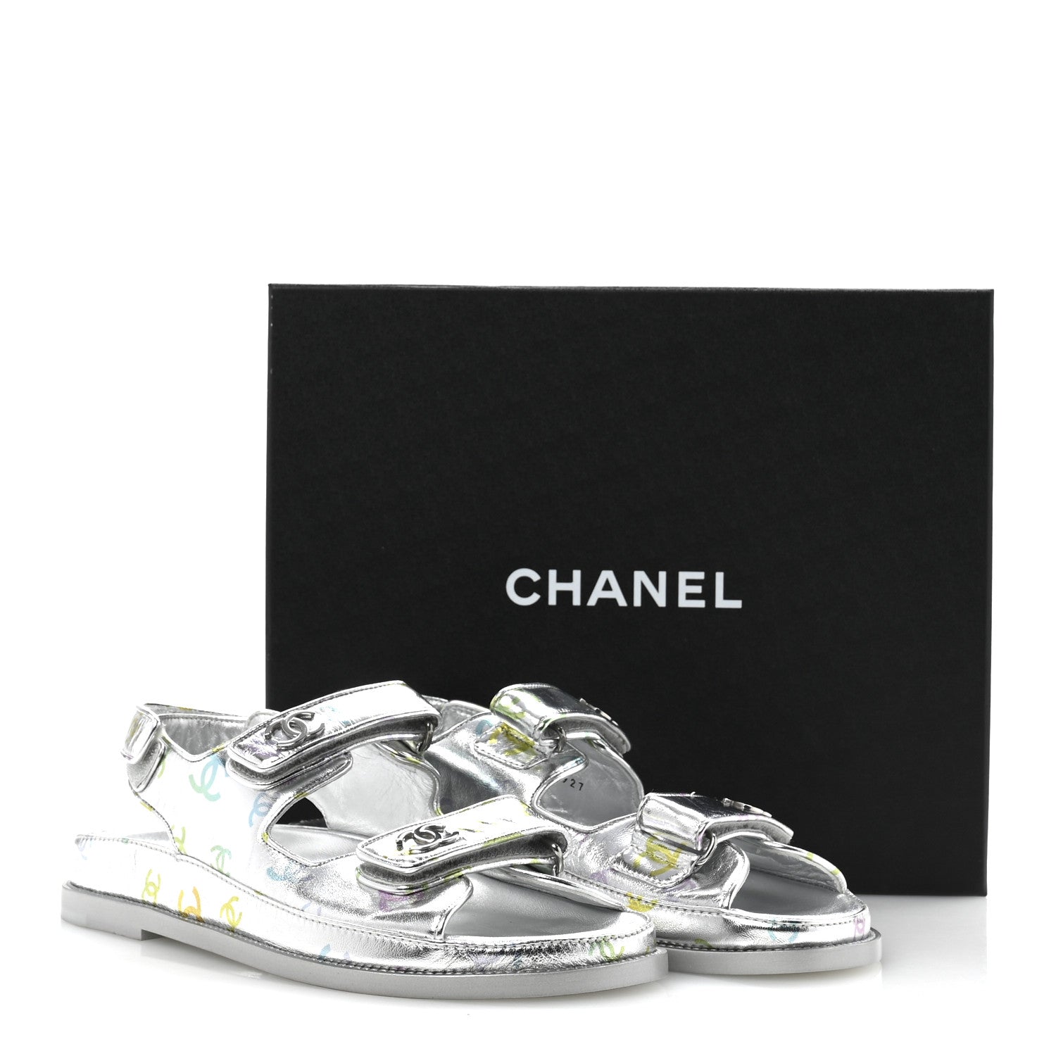 Laminated Lambskin Printed CC Dad Sandals 40 Silver Multicolor