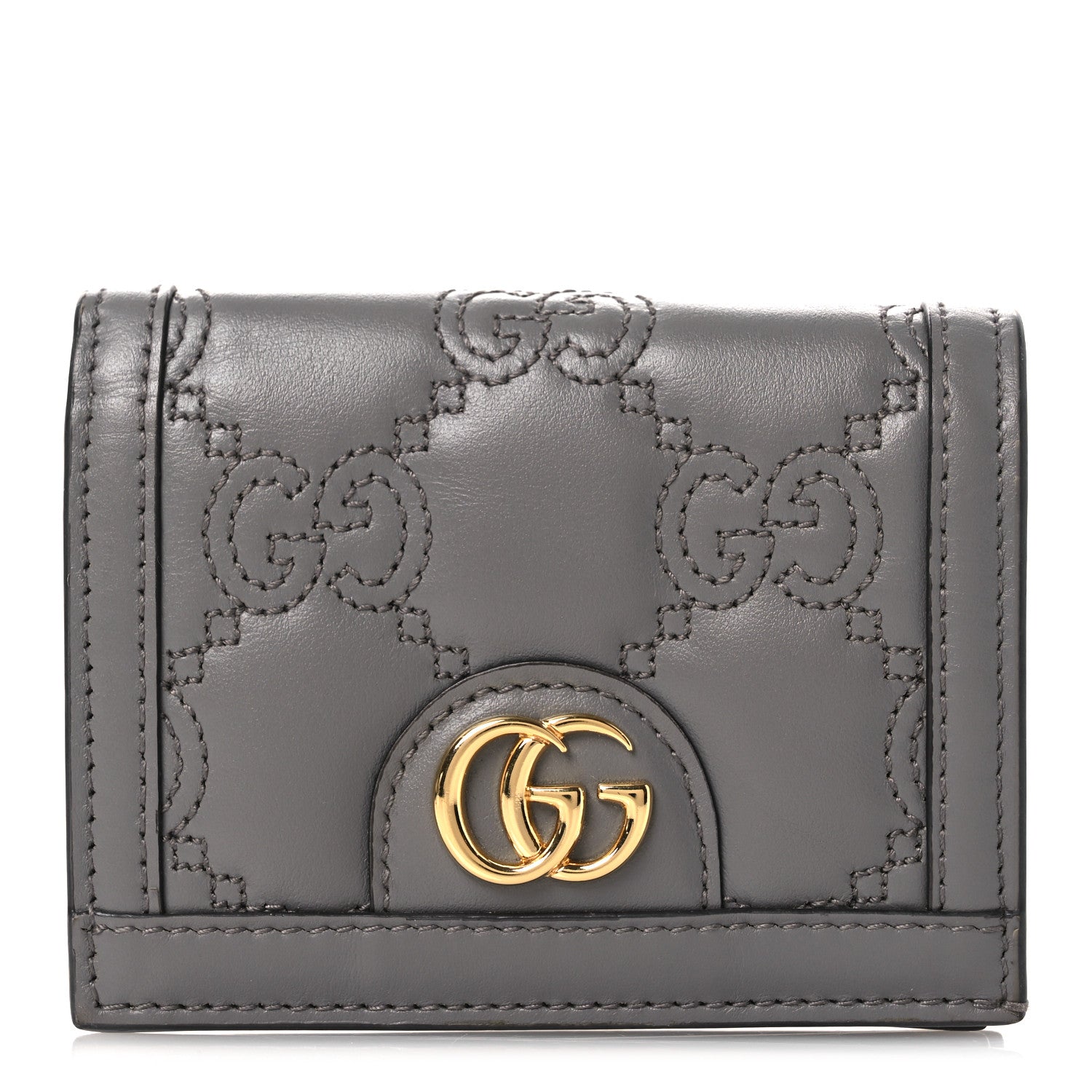 Calfskin GG Matelasse Card Case Wallet Grey