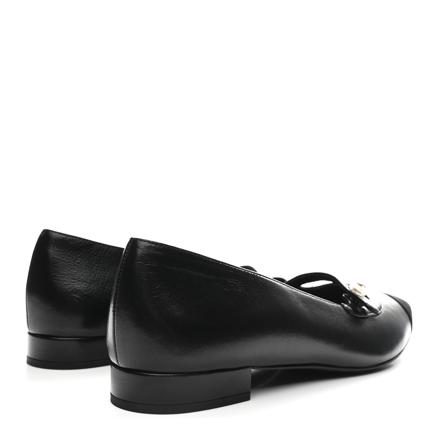 Shiny Lambskin Grosgrain Pearl Mary Jane Flats 40 Black